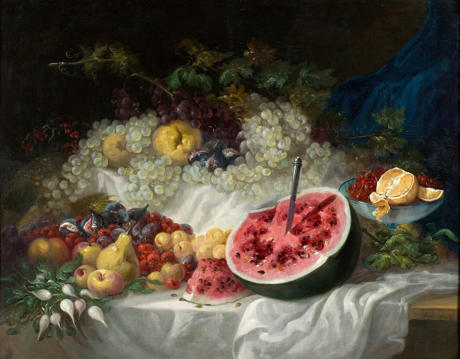 Watermelon and Grapes on Linen - Still Life Oil Painting - Oil Painting Haven