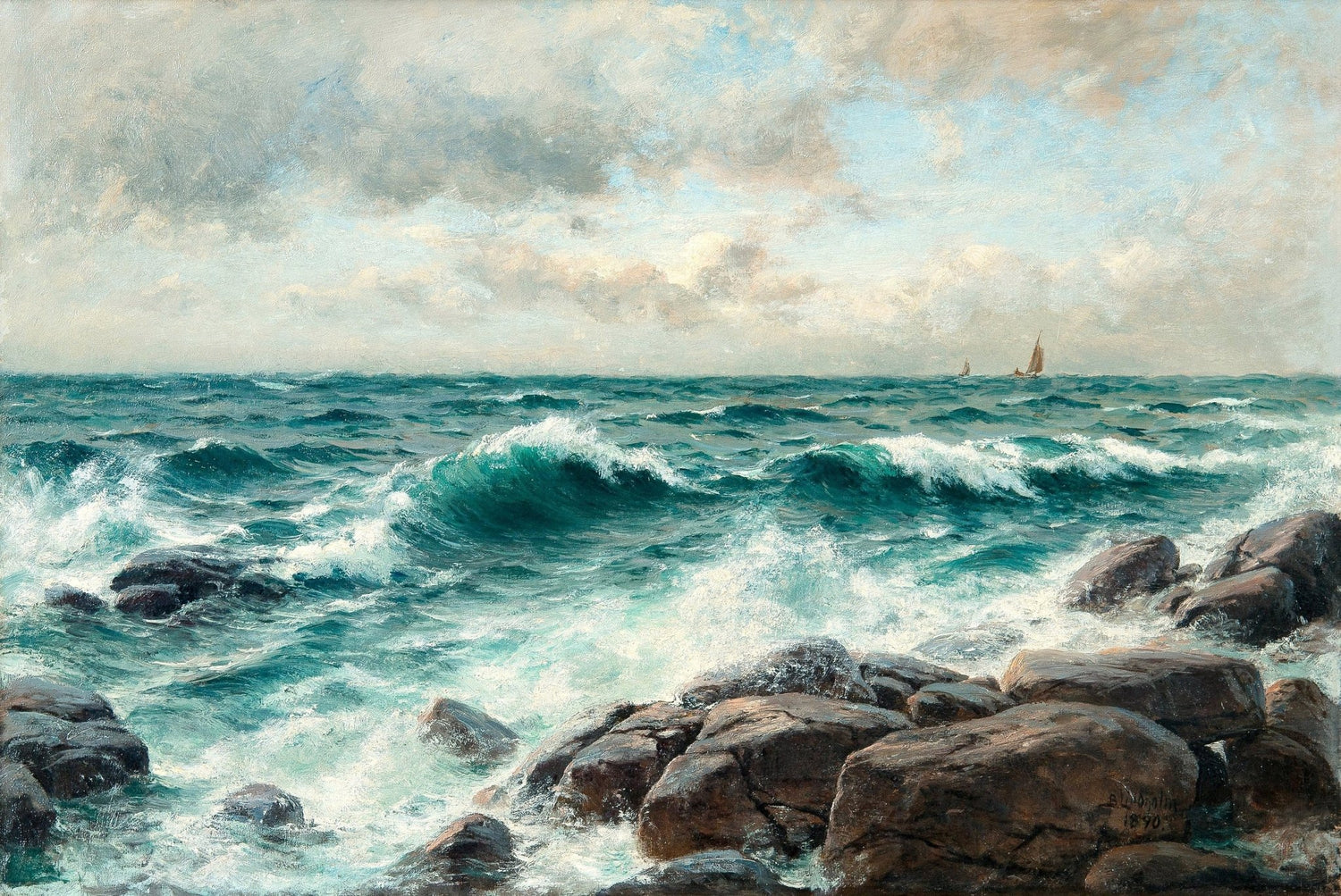 Waves Crashing on Rocky Coast, Distant Sails – Landscape Oil Painting - Oil Painting Haven
