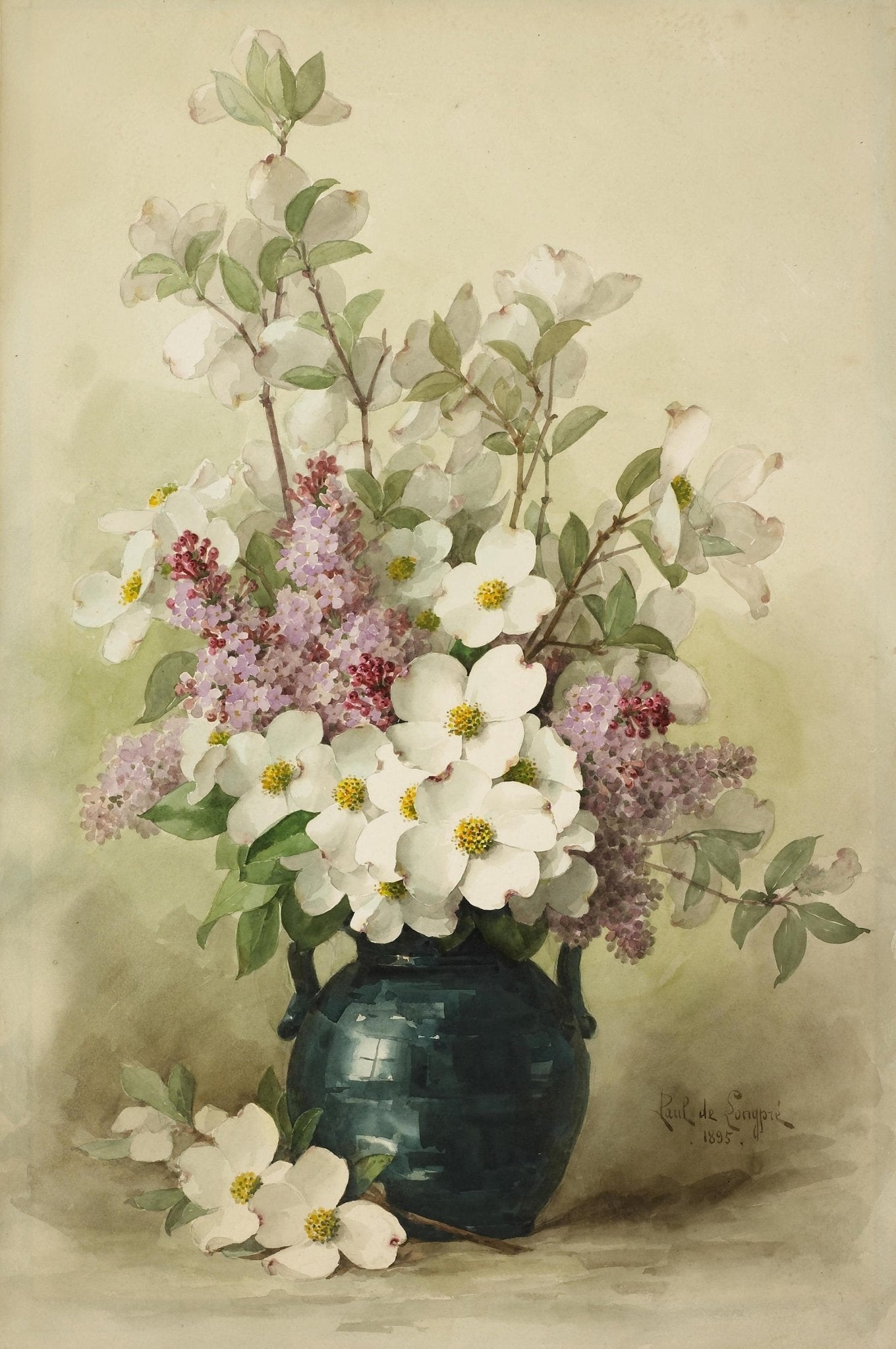 White Blossoms in Blue Vase Still Life – Floral Oil Painting - Oil Painting Haven