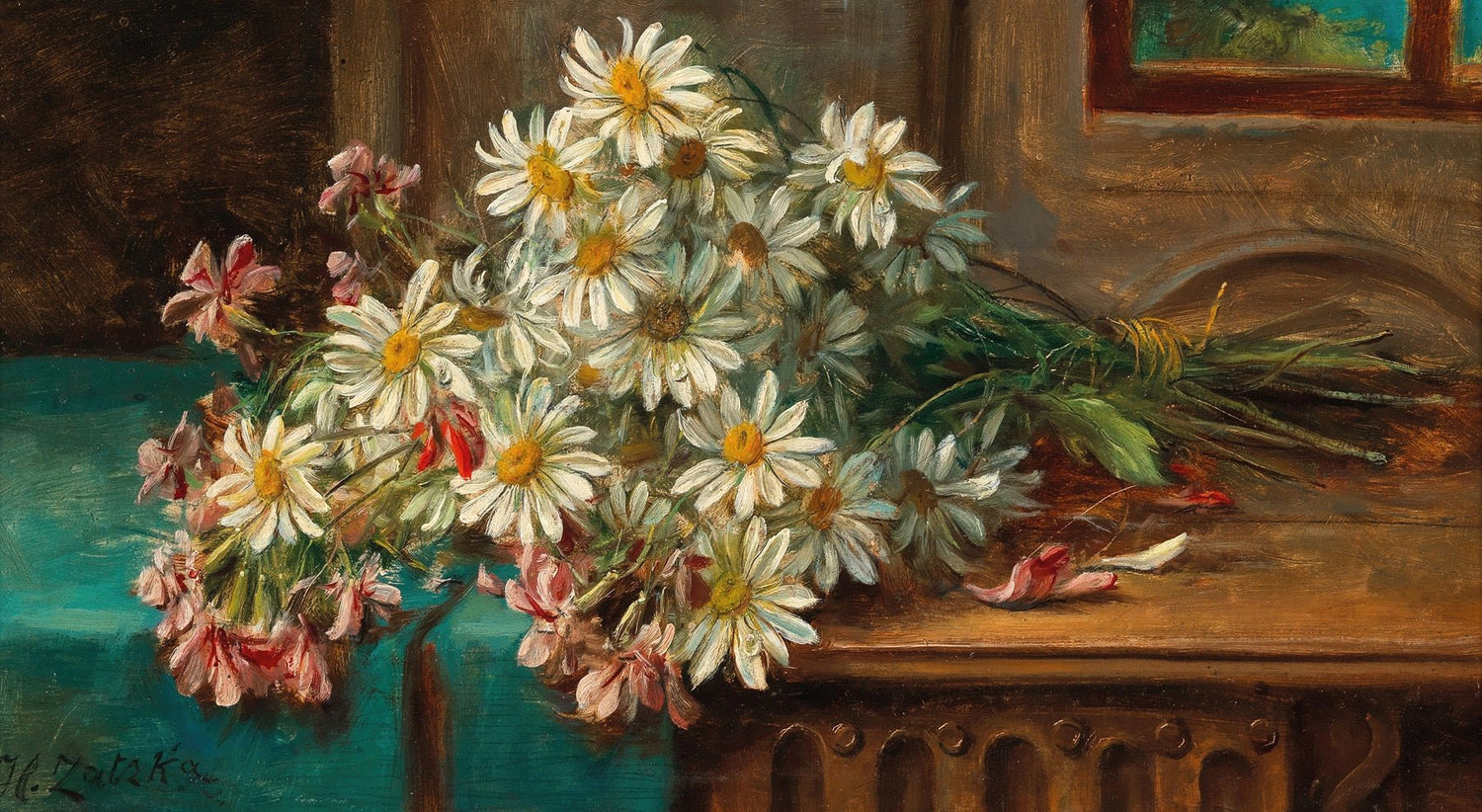 White Daisy Bouquet on Wooden Table Still Life - Floral Oil Painting - Oil Painting Haven