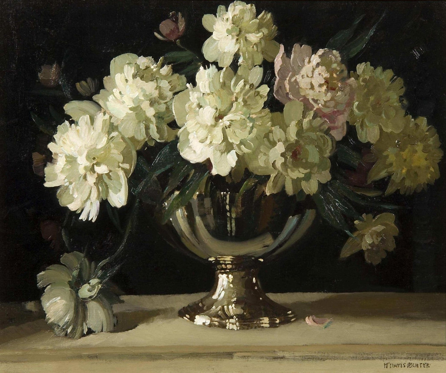 White Peonies in Silver Vase Still Life – Floral Oil Painting - Oil Painting Haven
