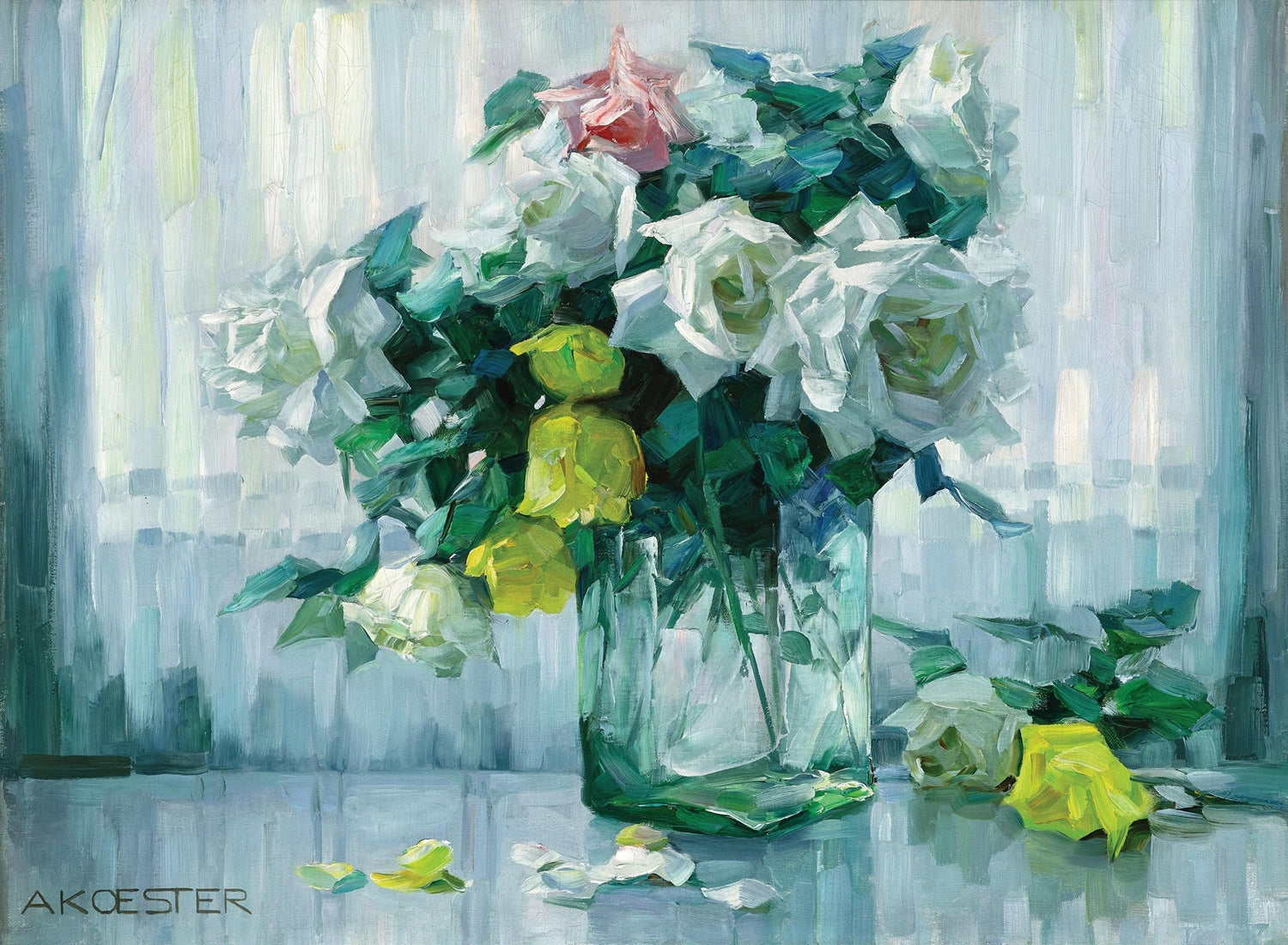 White Rose Bouquet in Glass Vase Still Life - Floral Oil Painting - Oil Painting Haven