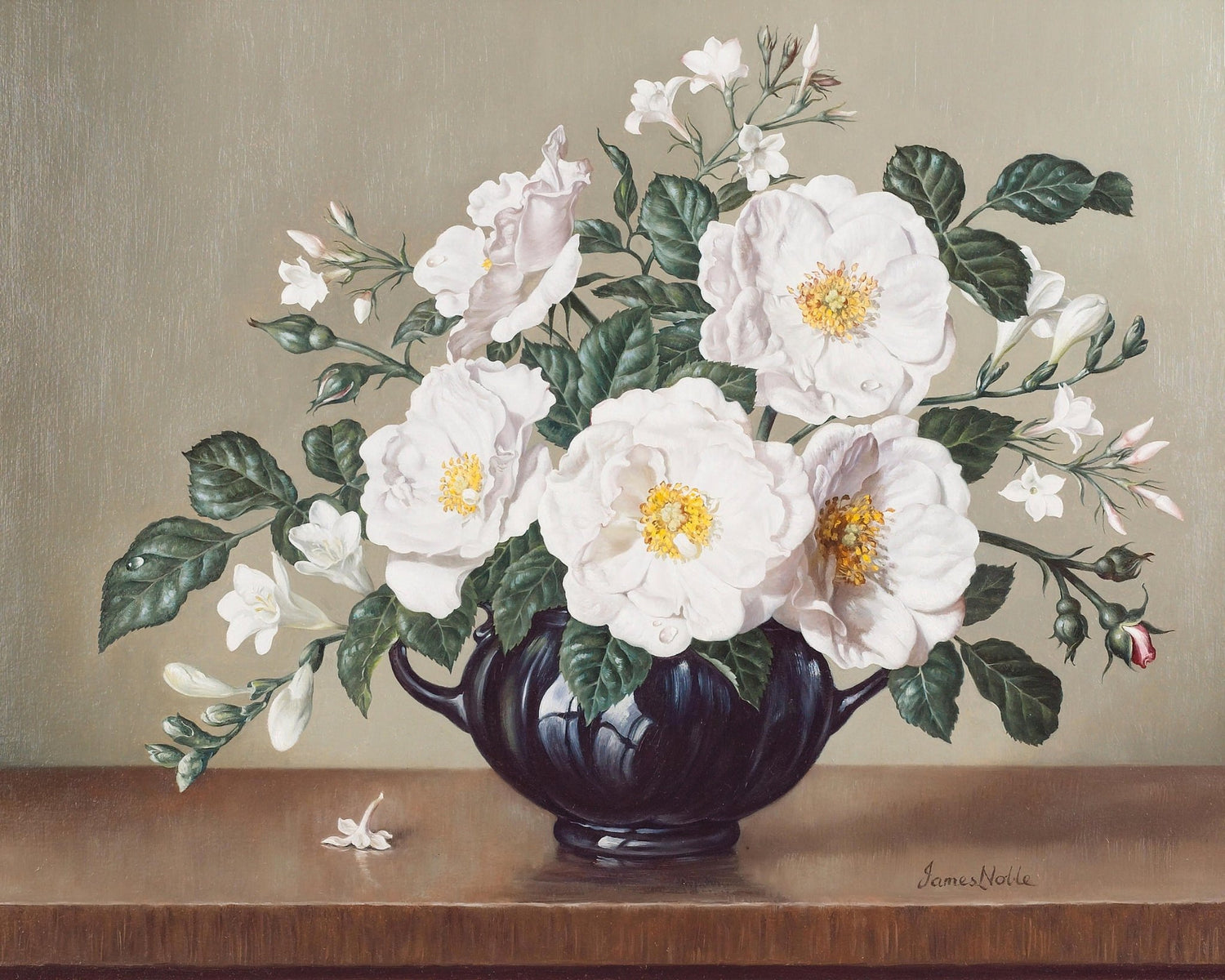 White Roses in Dark Vase Hand - Painted Still Life – Floral Oil Painting - Oil Painting Haven