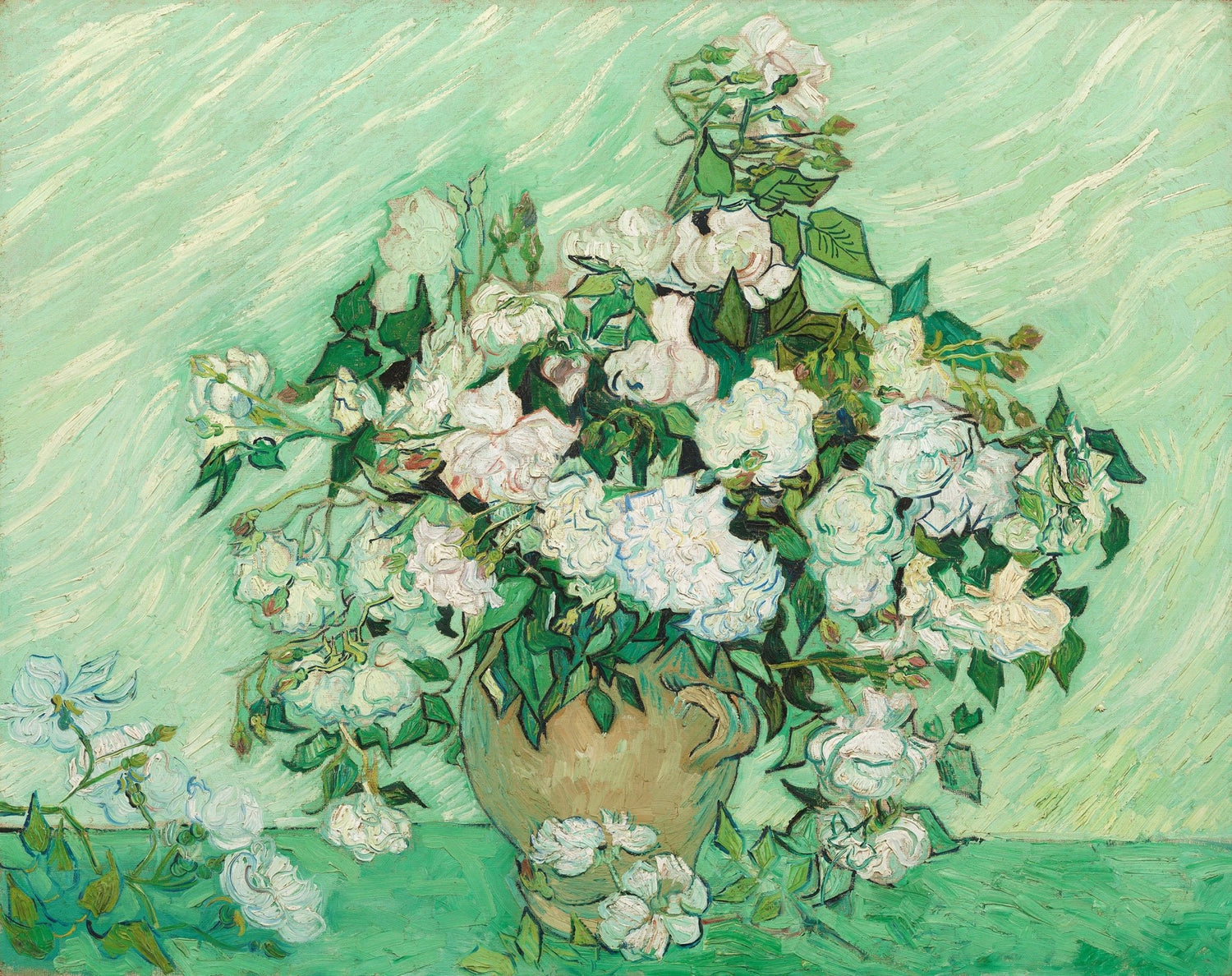 White Roses in Earthen Vase on Green Ground - Floral Oil Painting - Oil Painting Haven