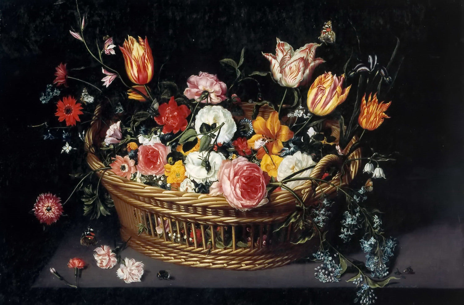 Wicker Basket Flowers Still Life, Dutch Classic - Floral Oil Painting - Oil Painting Haven
