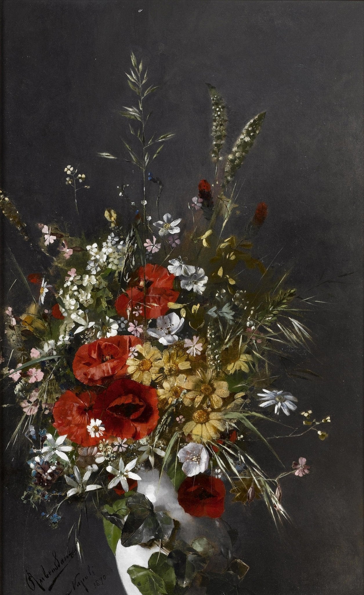Wildflower Bouquet in White Vase Still Life – Floral Oil Painting - Oil Painting Haven