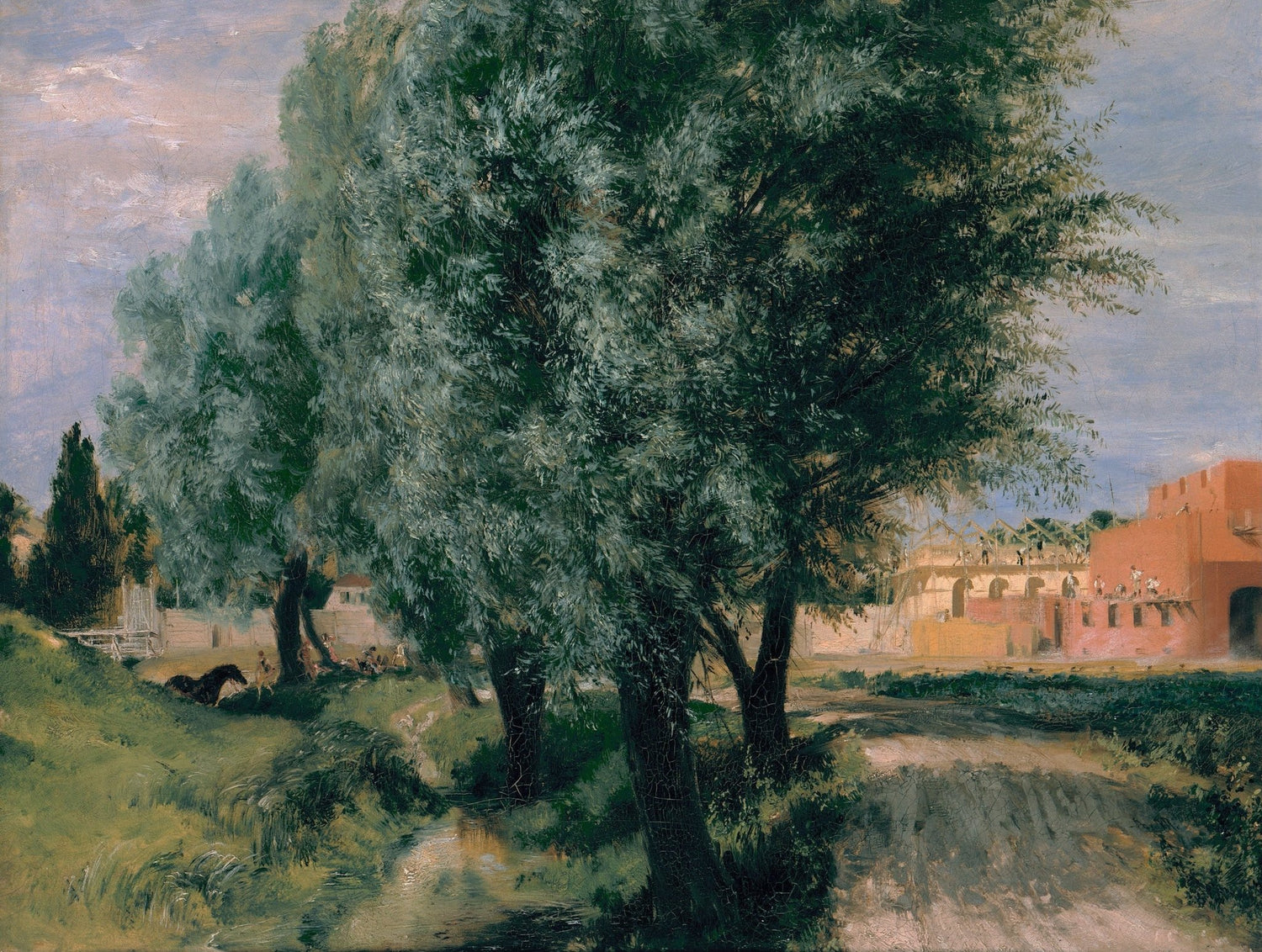 Landscape oil painting of willow trees by a river with textured brushwork and hand painted oil on canvas countryside village . - Add Frame, Canvas, Country, Forest, Hand Painted, Landscape, Made To Order, Oil Painting, River, Village