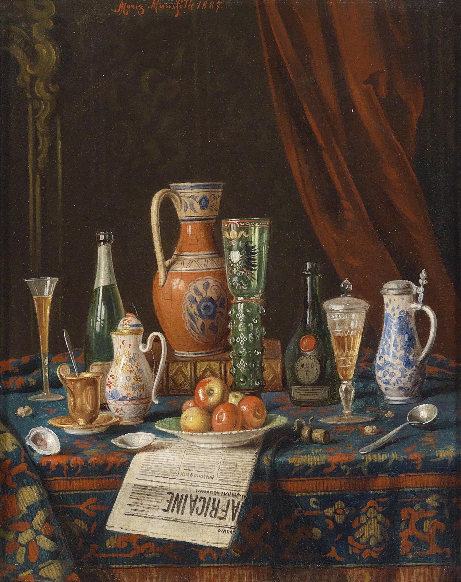 Wine Bottles and Ceramic Pitchers Table - Still Life Oil Painting - Oil Painting Haven