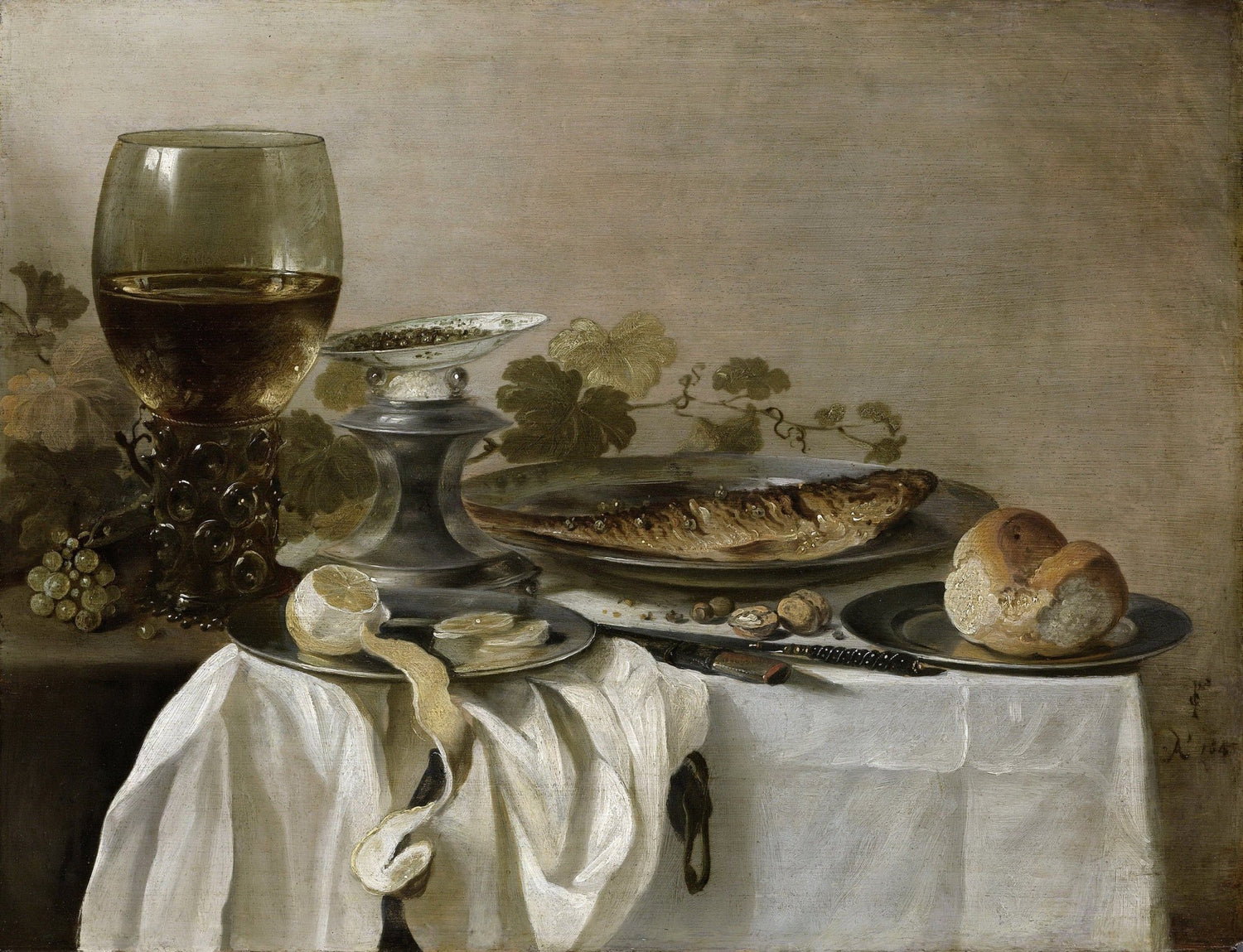 Wine Glass, Fish and Bread Table - Still Life Oil Painting - Oil Painting Haven