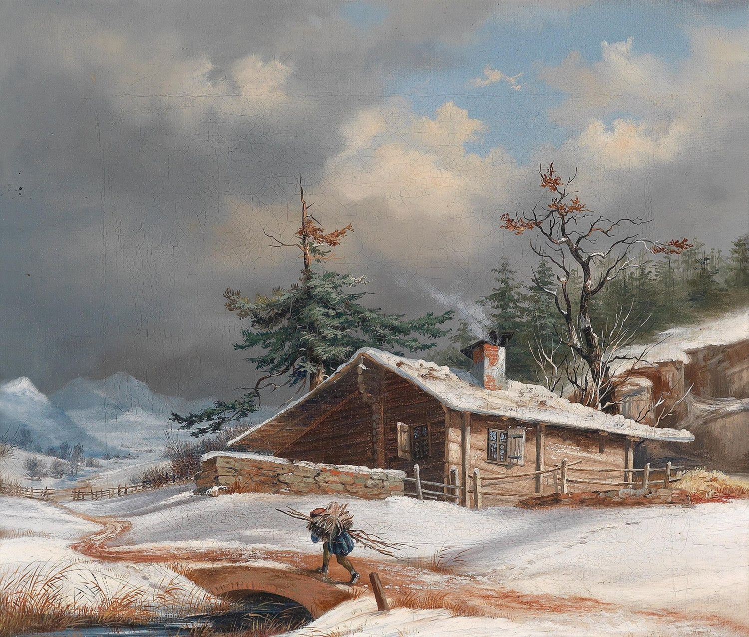 Winter Cottage with Snowy Path and Figure – Landscape Oil Painting - Oil Painting Haven