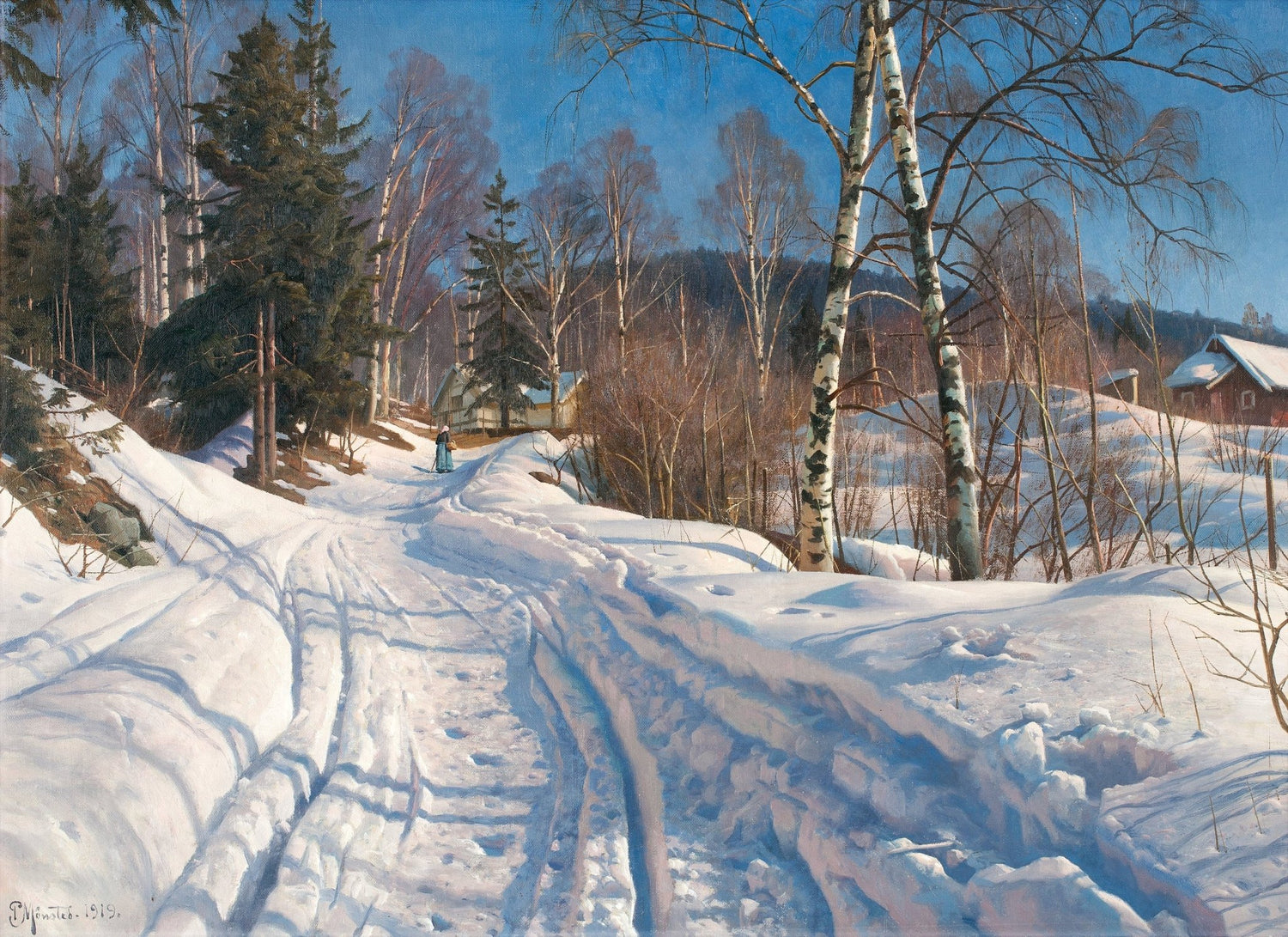 Winter Country Path, Birch Trees – Hand - Painted Landscape Oil Painting - Oil Painting Haven