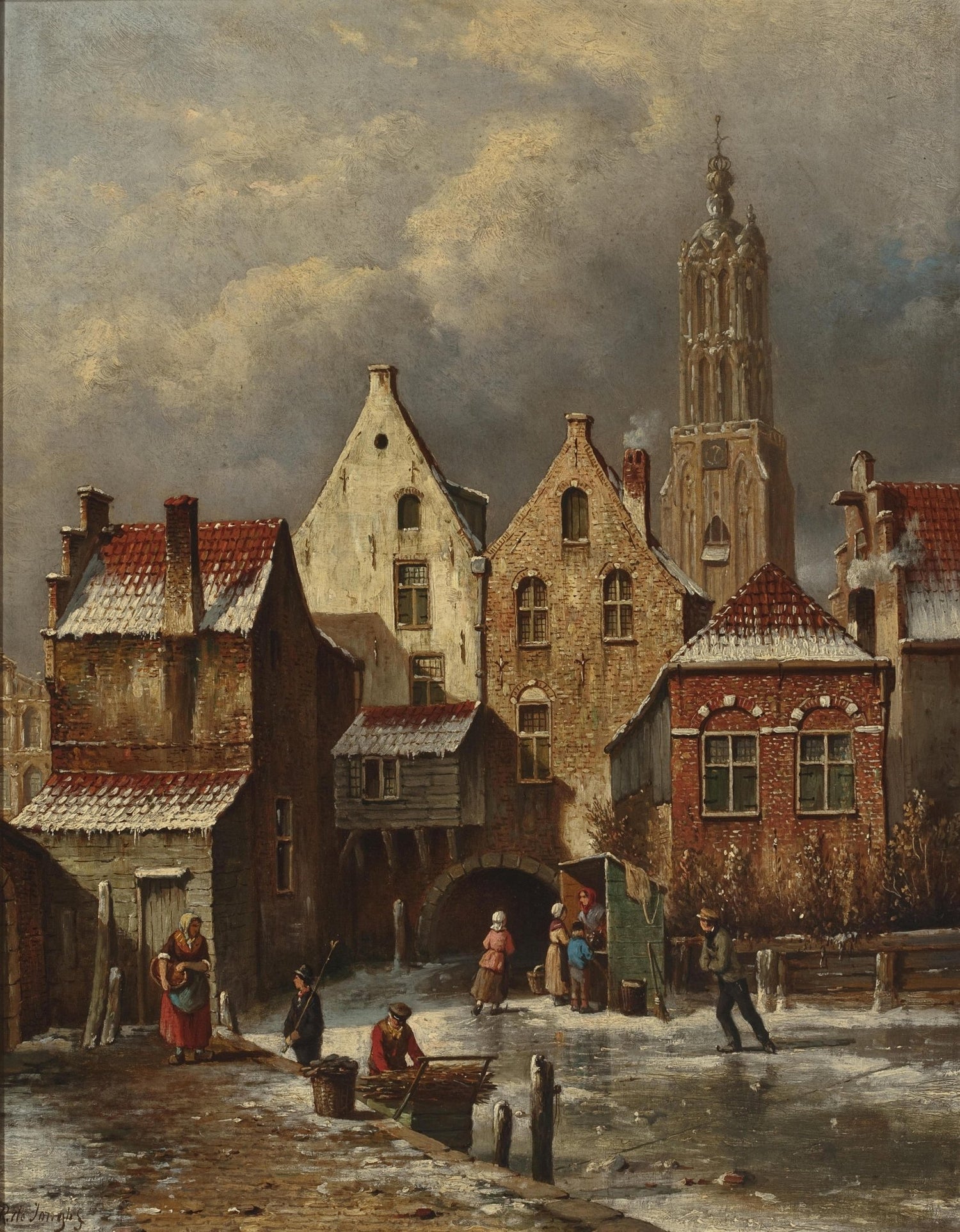 Winter European Canal Scene with Figures – Landscape Oil Painting - Oil Painting Haven