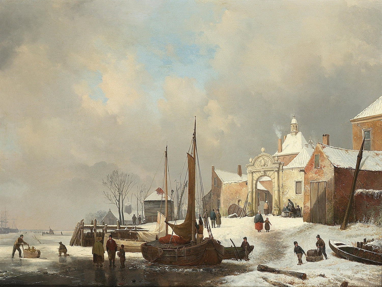 Winter Harbor Scene with Boats, Village Life – Landscape Oil Painting - Oil Painting Haven