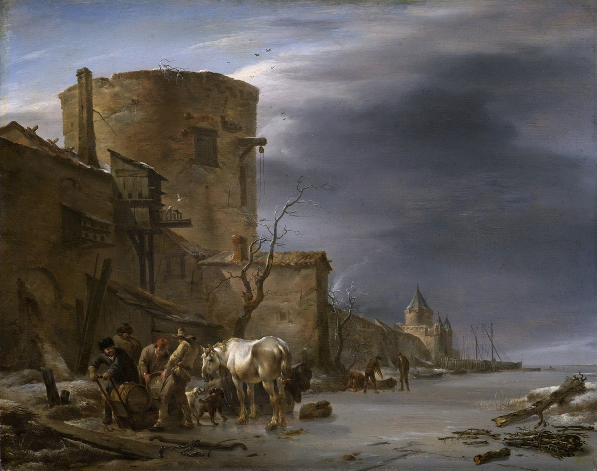 Landscape oil painting of a winter harbor village with stone town walls, villagers, and horses under a cloudy sky, hand. - Add Frame, Animal, Boat, Canvas, Hand Painted, Harbor, Landscape, Made To Order, Oil Painting, Seascape, Village, Winter