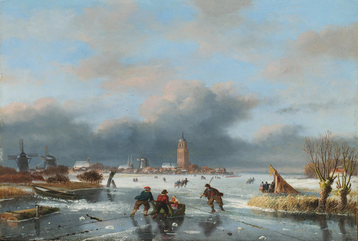 Landscape oil painting of a Dutch village in winter with ice skaters on a frozen river, textured brushwork, oil on canvas,. - Add Frame, Canvas, Figure, Hand Painted, Landscape, Made To Order, Oil Painting, River, Village, Winter