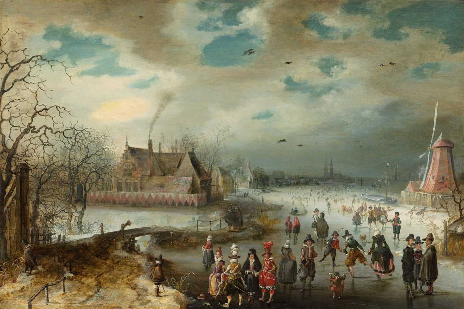 Winter Ice Skating Scene with Villagers - People Oil Painting - Oil Painting Haven