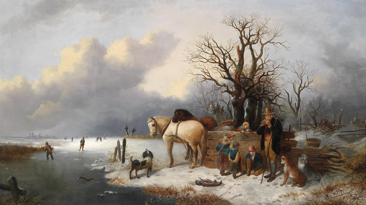Winter Riverside with Figures and Horses | Hand - Painted Oil Painting - Oil Painting Haven