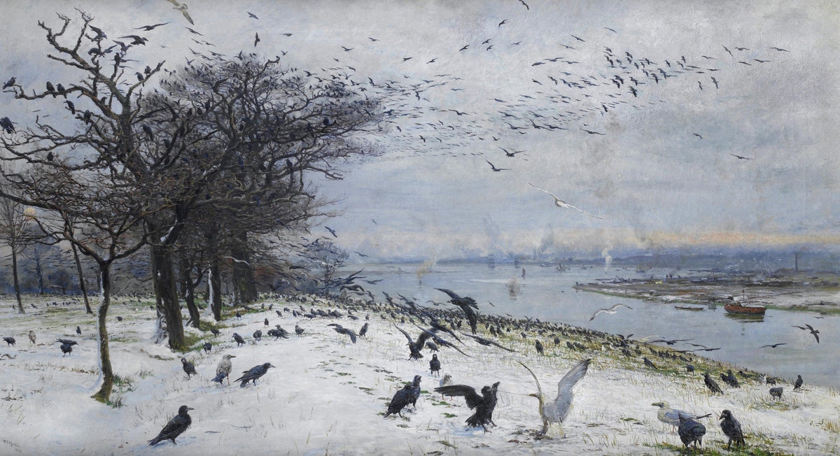 Landscape oil painting with a snowy riverside, leafless trees on the left, flying and scavenging crows, textured brushwork. - Add Frame, Canvas, Forest, Hand Painted, Landscape, Made To Order, Oil Painting, River, Winter