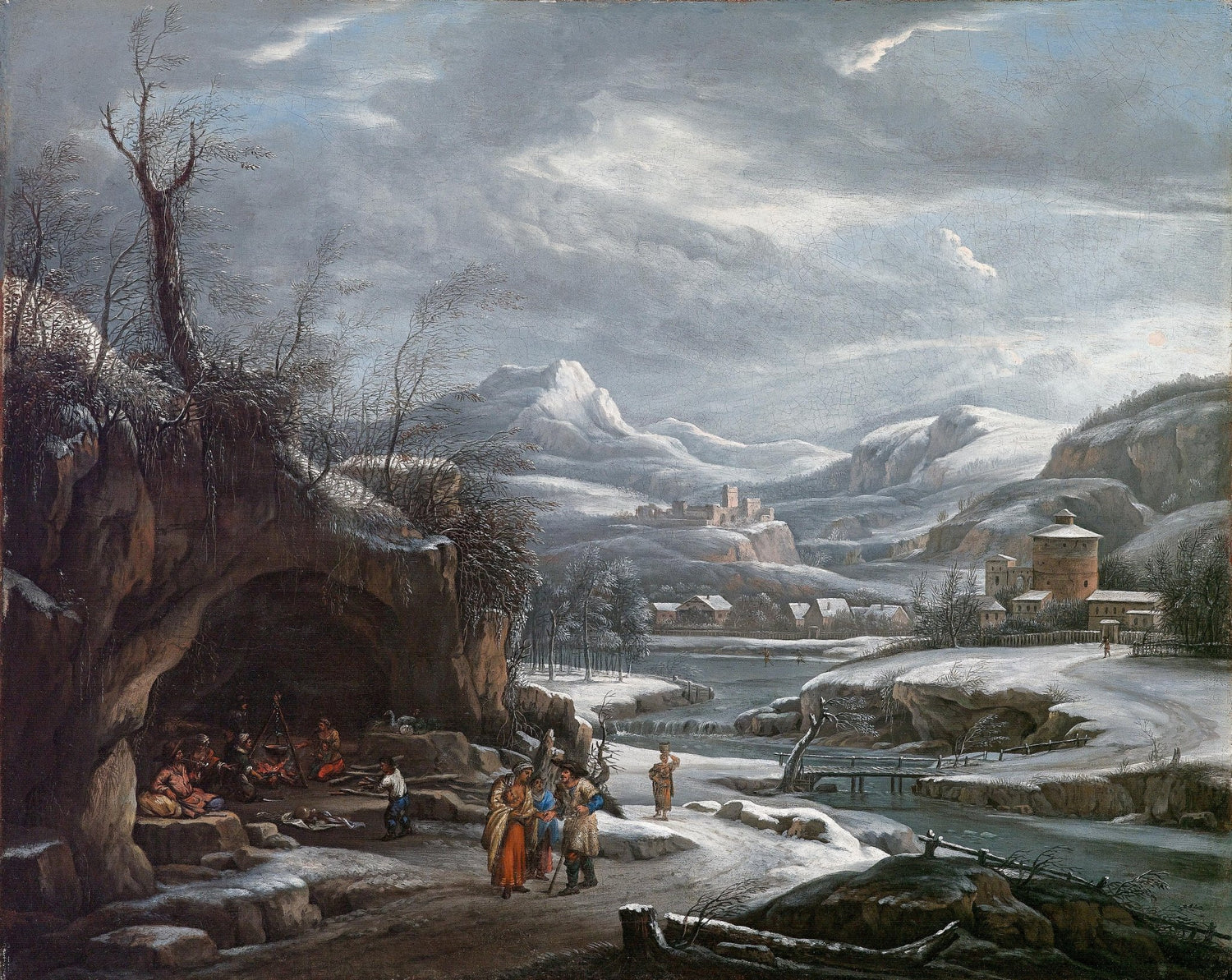 Winter Valley with River, Village, and Figures – Landscape Oil Painting - Oil Painting Haven