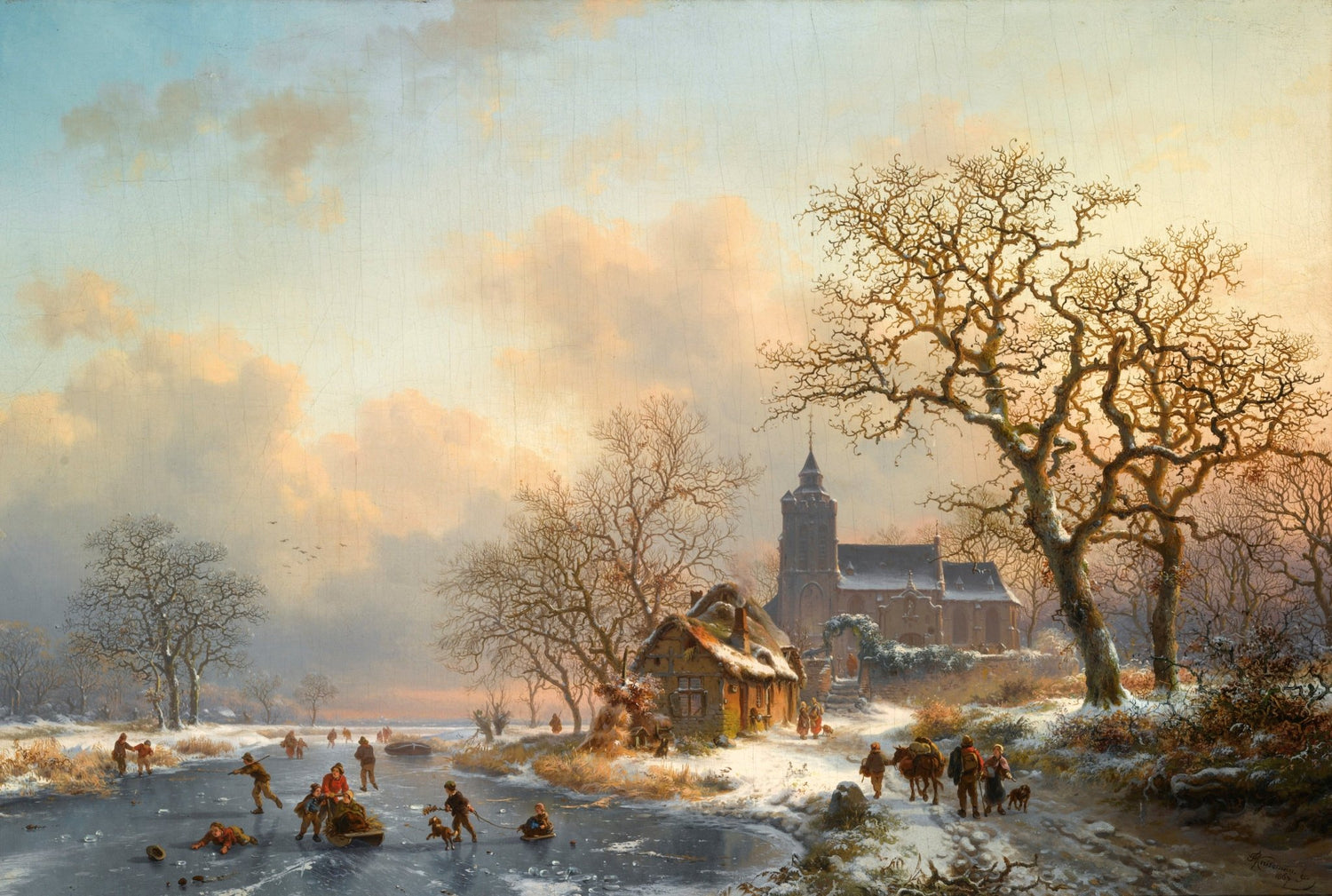 Winter Village by the Frozen River | Hand - Painted Oil Art - Oil Painting Haven