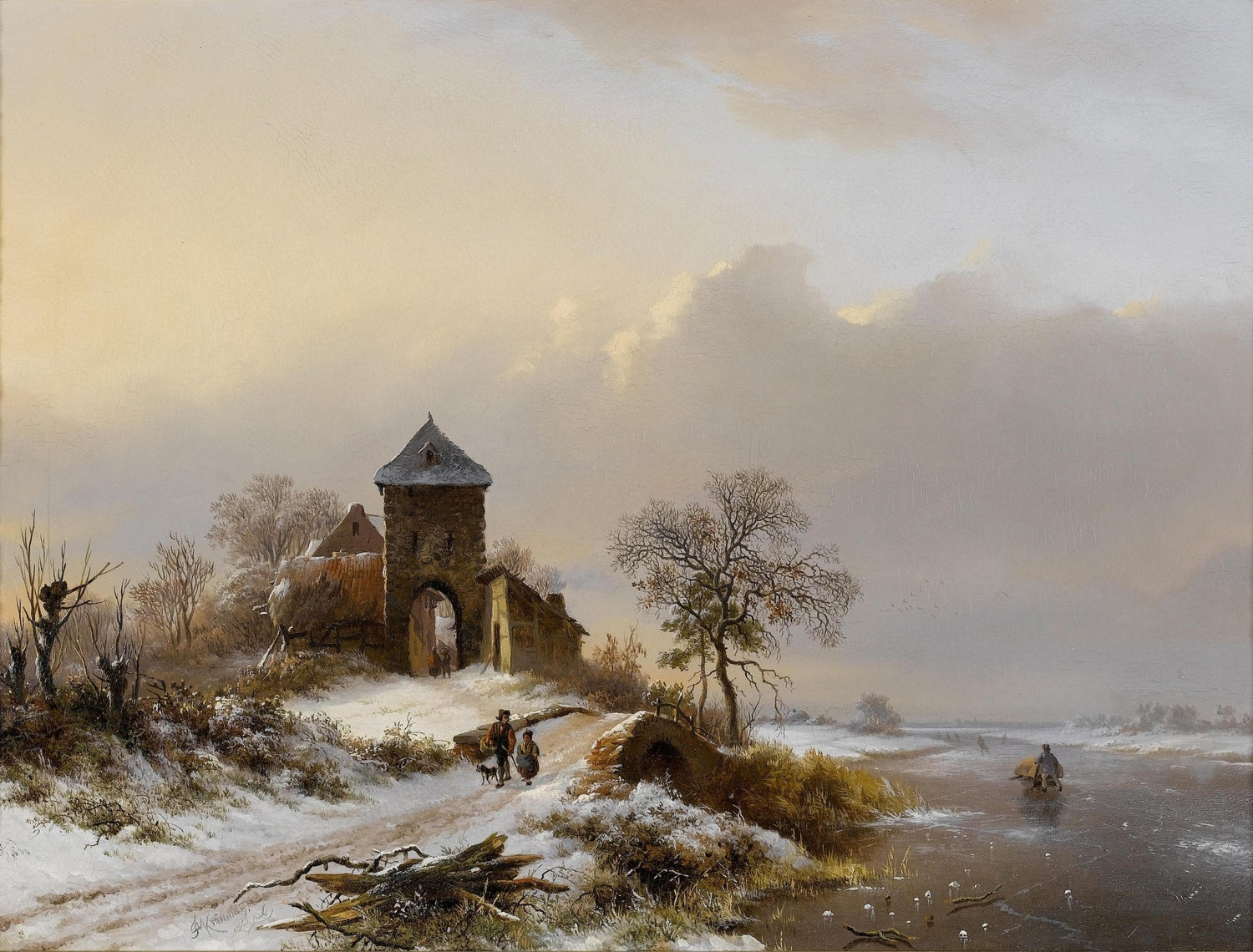 Winter Village Gate and River – Hand - Painted Landscape Oil Painting - Oil Painting Haven