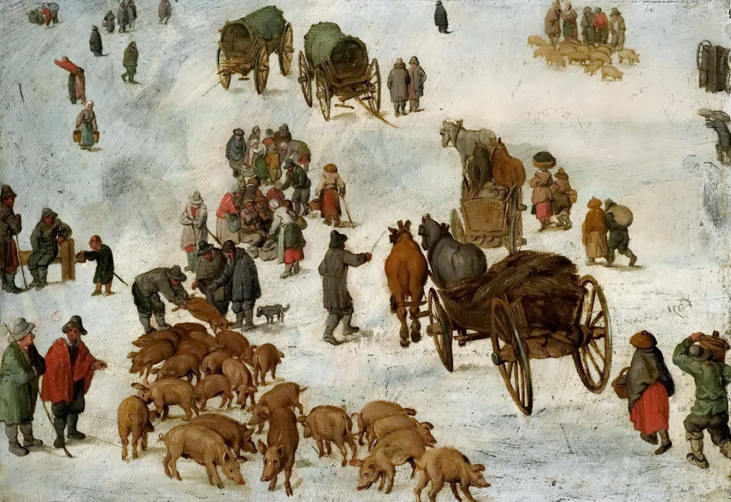 Winter Village Market with Horses and Pigs - People Oil Painting - Oil Painting Haven