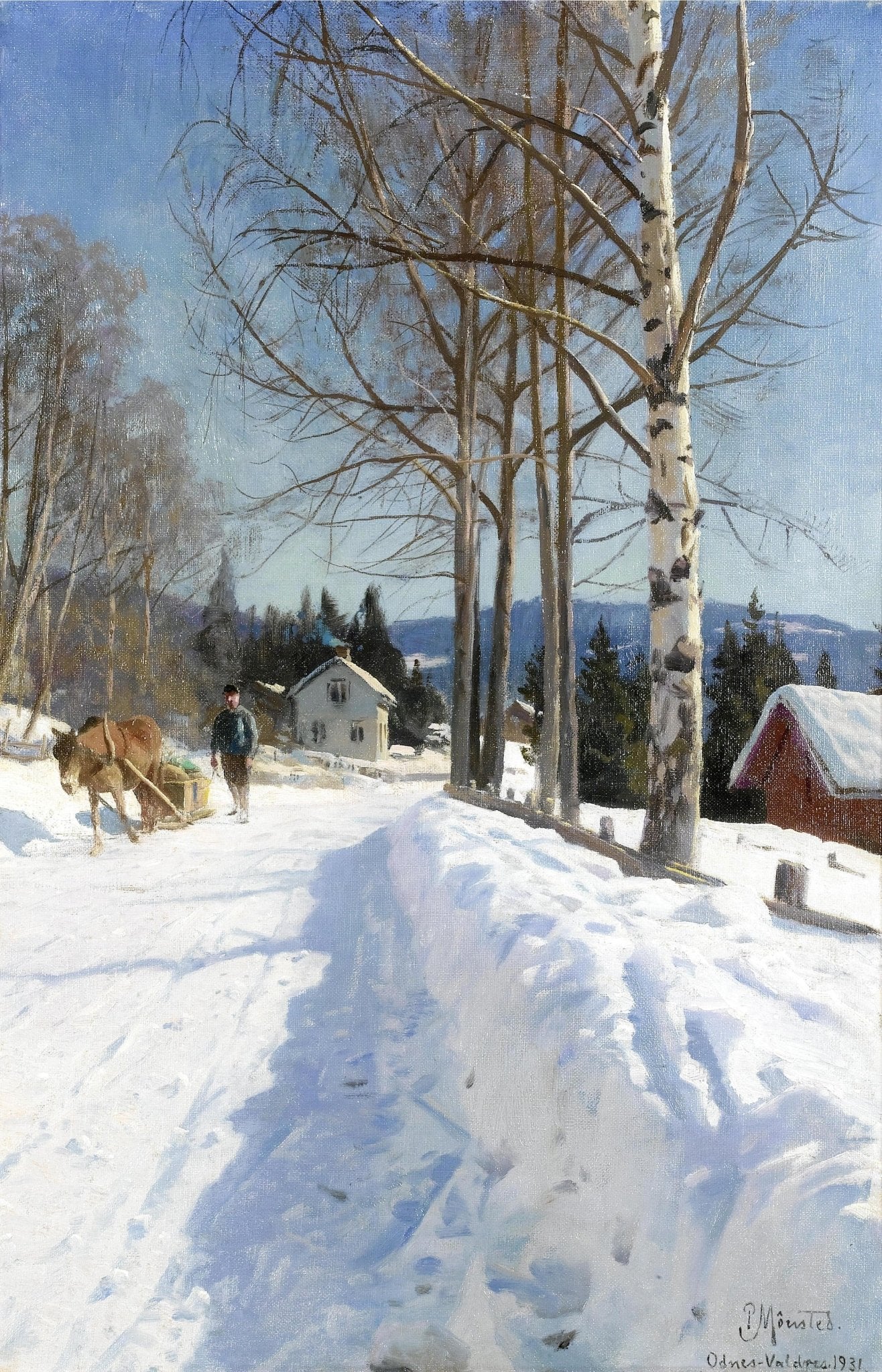Winter Village Road, Birch Trees – Hand - Painted Landscape Oil Painting - Oil Painting Haven