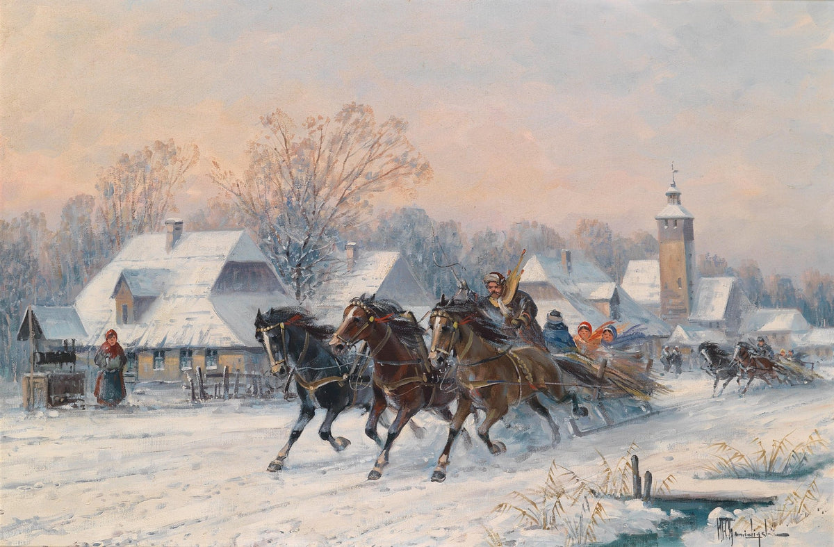 Landscape oil painting of a snowy village with horses pulling a sleigh, hand painted oil on canvas with textured brushwork. - Add Frame, Animal, Canvas, Country, Hand Painted, Landscape, Made To Order, Oil Painting, Village, Winter