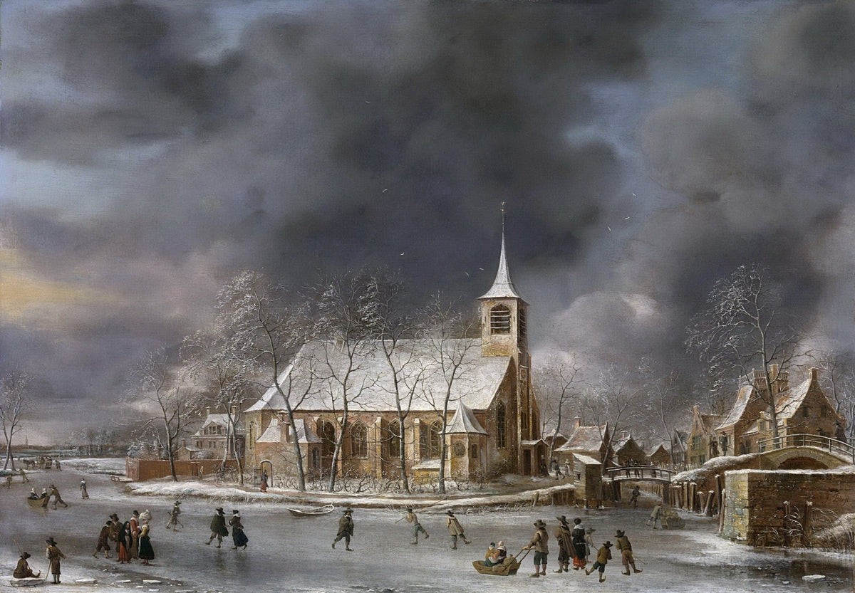 Winter village church and frozen canal landscape oil painting with textured brushwork on canvas. - Add Frame, Architecture, Canal, Canvas, Church, Figure, Hand Painted, Landscape, Made To Order, Oil Painting, Venice, Village, Winter