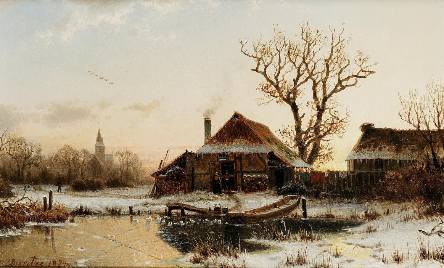 Winter Village with Frozen Pond, Farmhouse – Hand - Painted Oil Painting - Oil Painting Haven