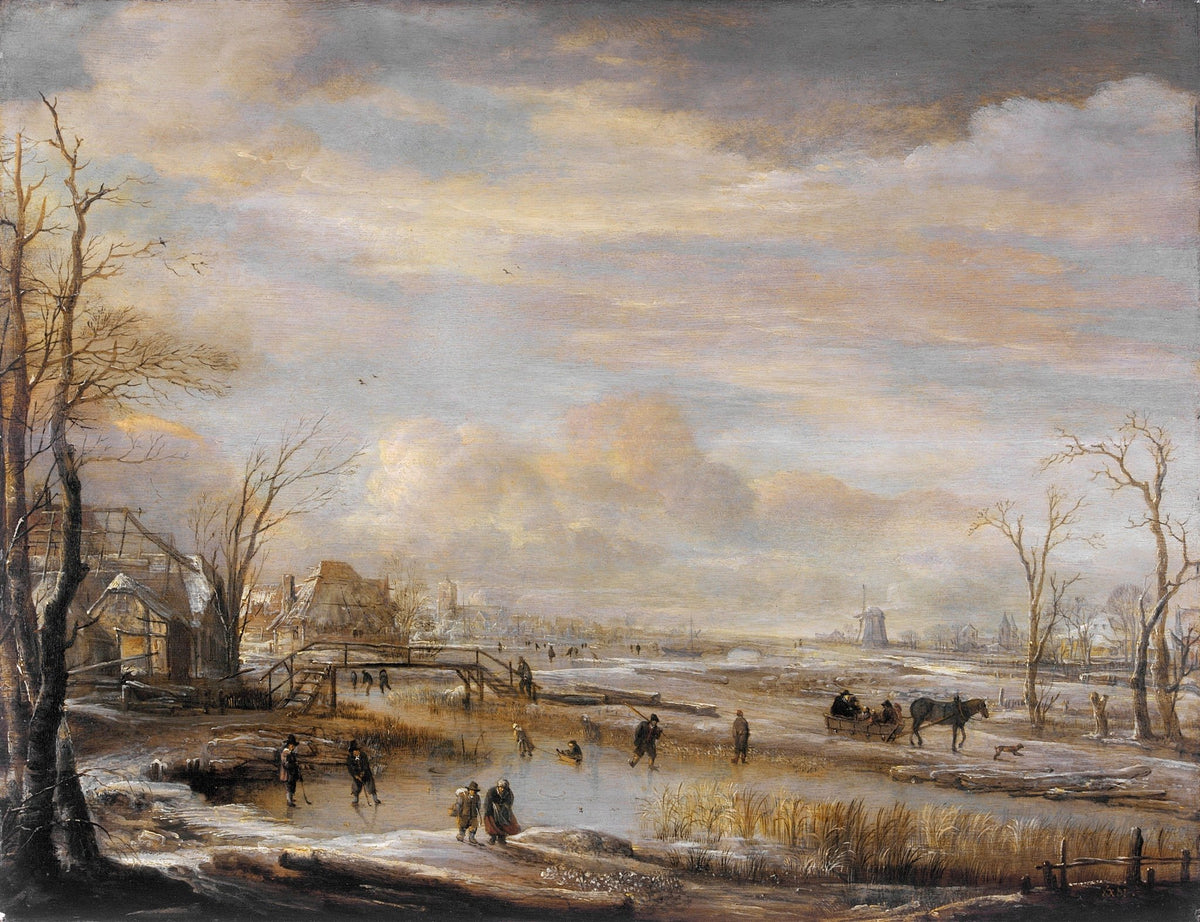 Winter village landscape oil painting on canvas with frozen river, textured brushwork, and hand painted figures under a. - Add Frame, Canvas, Figure, Hand Painted, Landscape, Made To Order, Oil Painting, River, Village, Winter