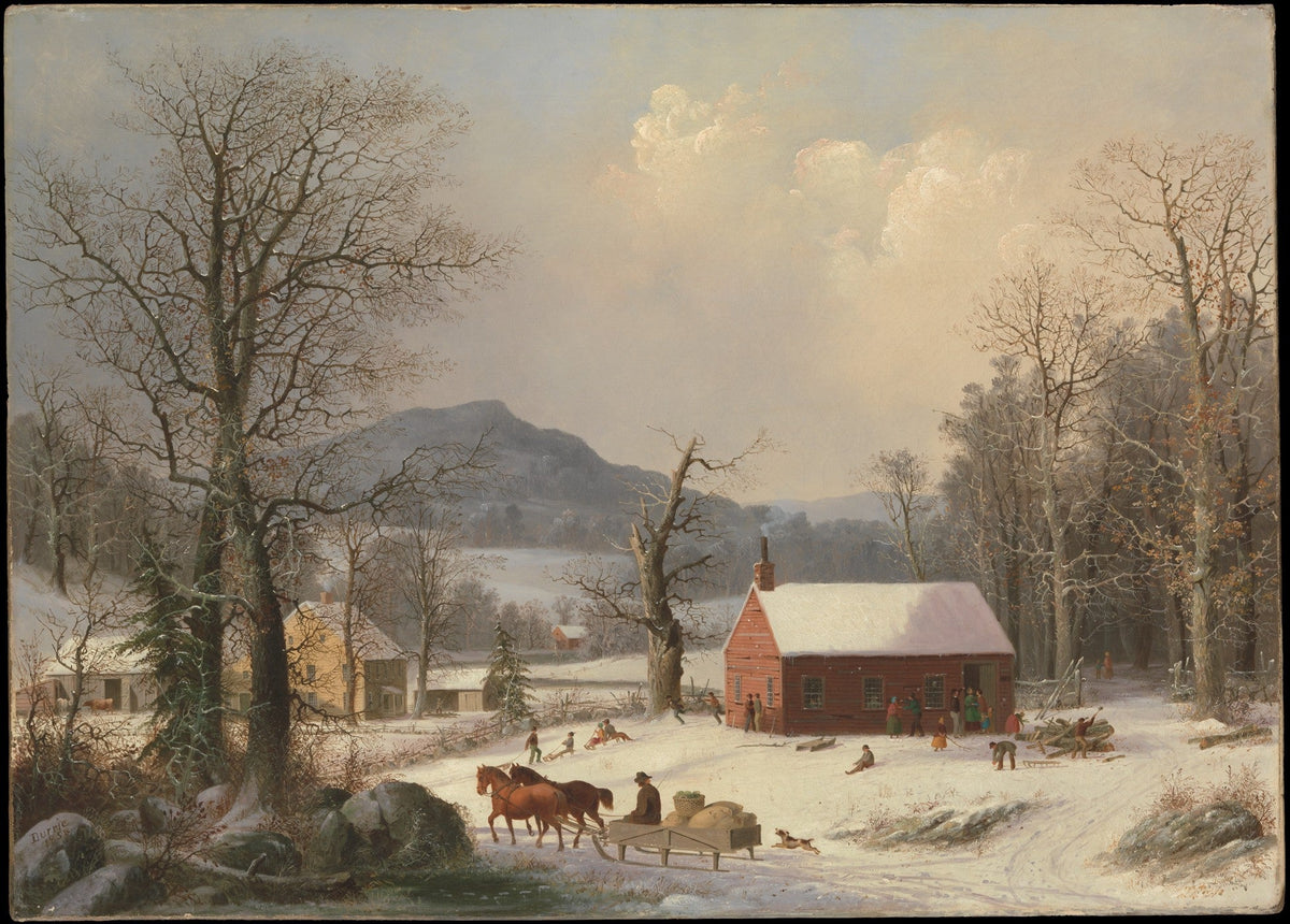 Hand painted oil on canvas landscape oil painting with textured brushwork showing a snowy village scene with a red. - Add Frame, Canvas, Country, Field, Hand Painted, Landscape, Made To Order, Oil Painting, Village, Winter