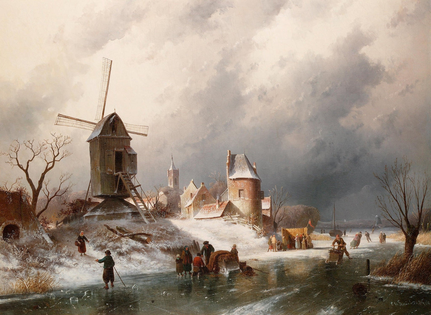 Winter Village with Windmill, Ice Skaters – Hand - Painted Oil Painting - Oil Painting Haven