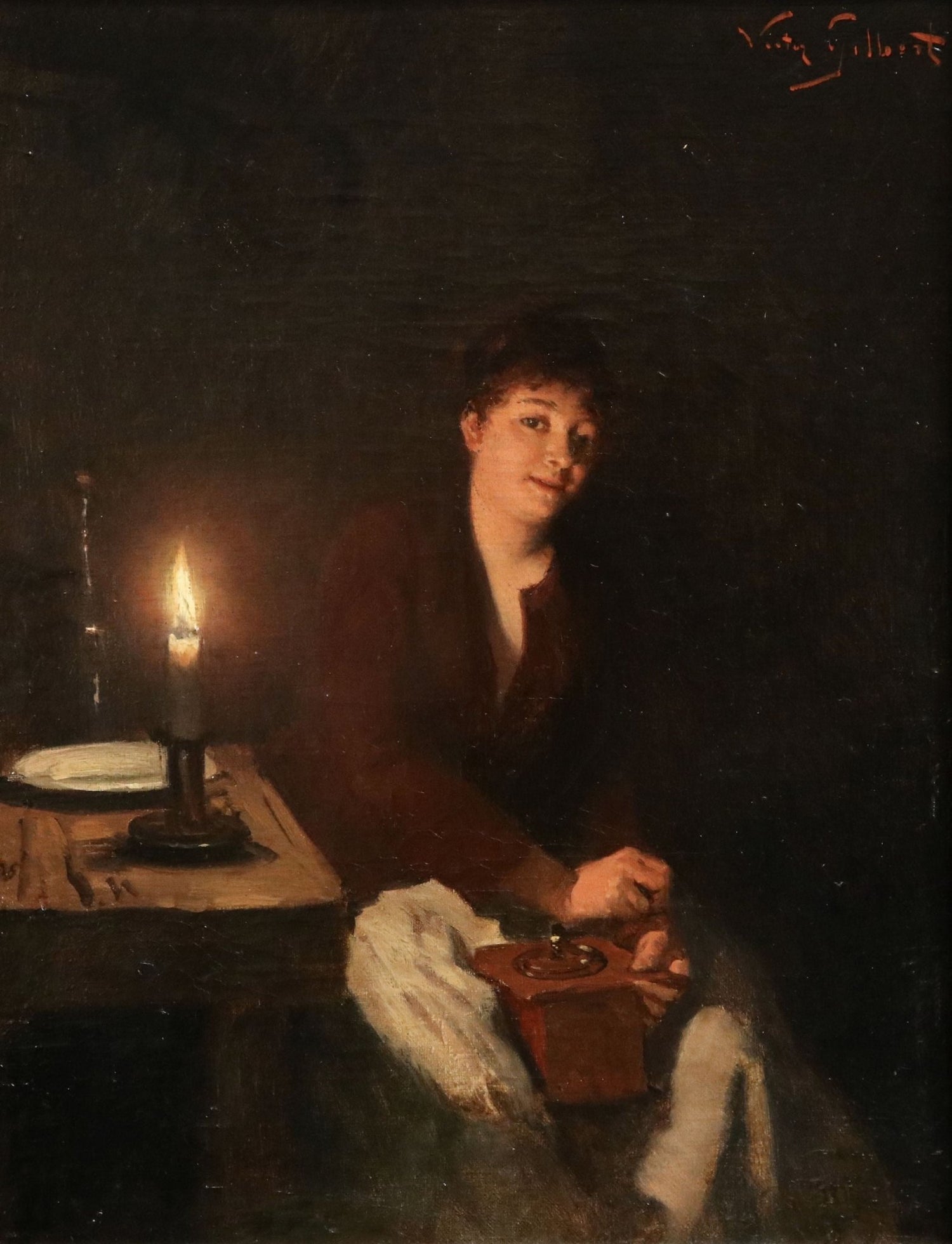 Woman by Candlelight with Coffee Grinder - People Oil Painting - Oil Painting Haven