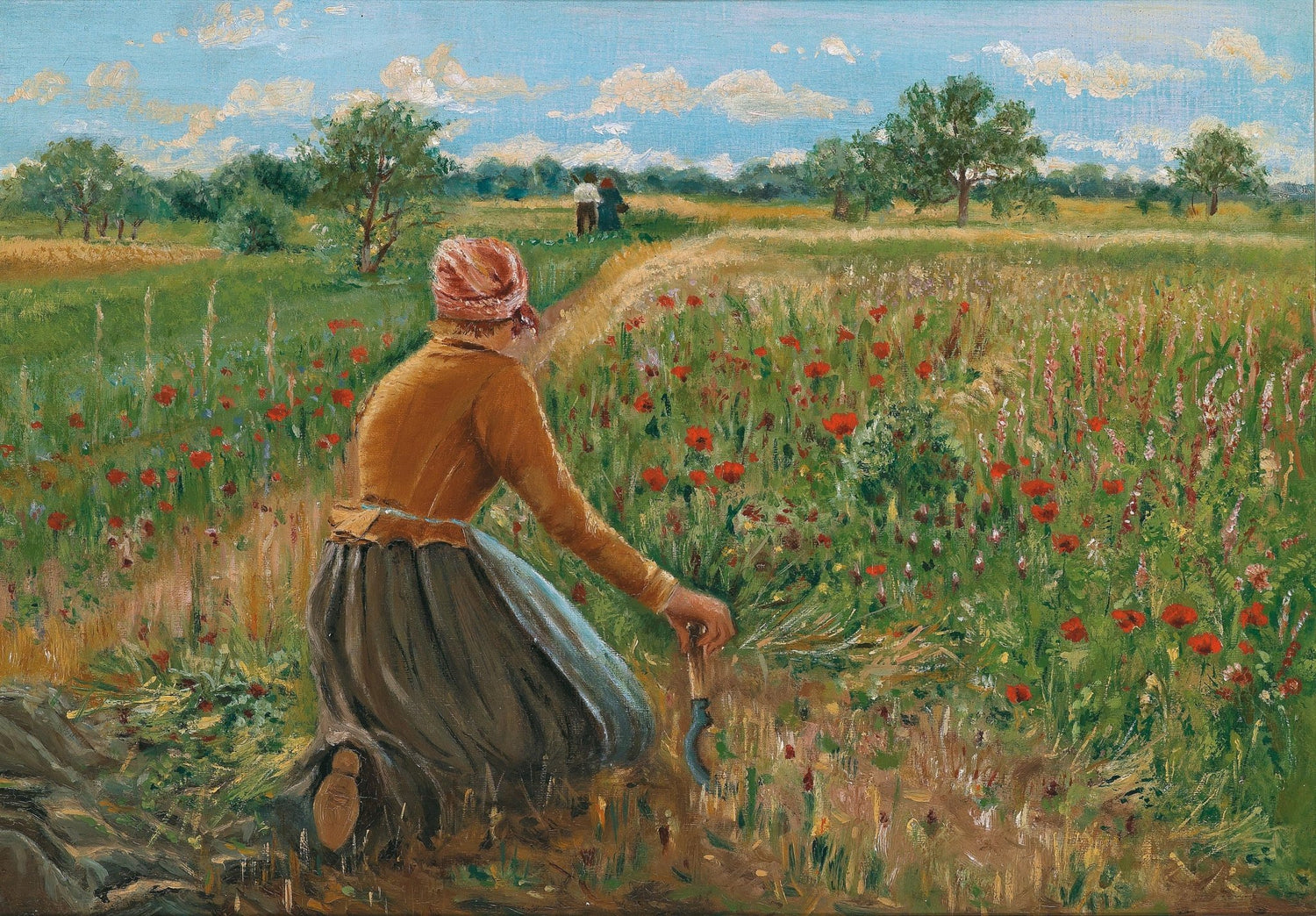 Woman Harvesting Wildflowers in Summer Field - People Oil Painting - Oil Painting Haven