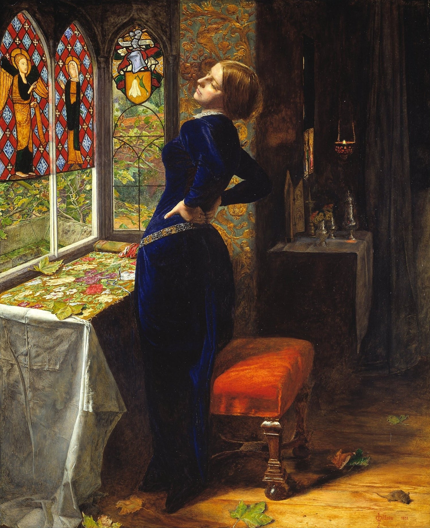 Woman in Blue Dress by Stained Glass Window - People Oil Painting - Oil Painting Haven