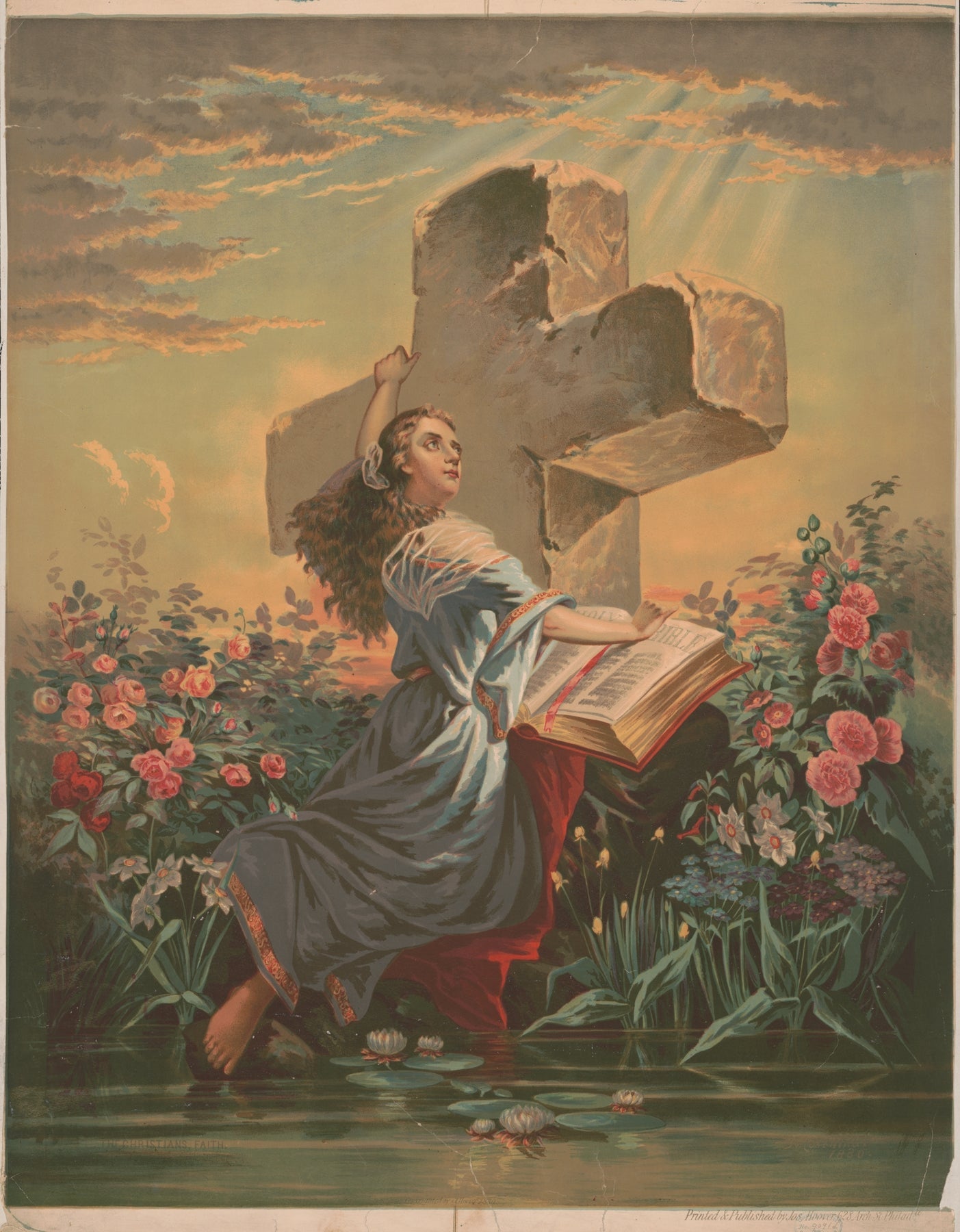 Woman Reading Bible Before Stone Cross - People Oil Painting - Oil Painting Haven