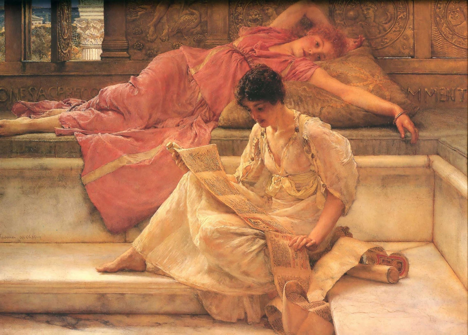 Women Reading Scroll in Classical Interior - People Oil Painting - Oil Painting Haven