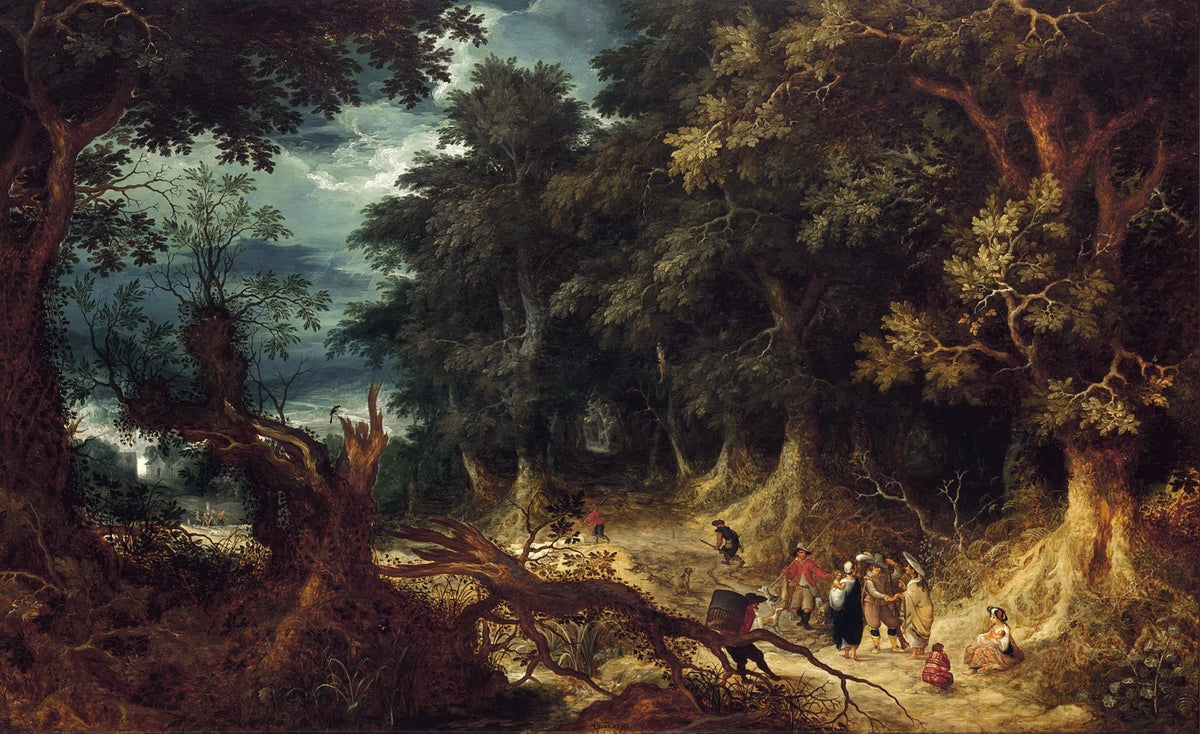 Hand painted landscape oil painting on canvas featuring travelers on forest road with textured brushwork and dense trees. - Add Frame, Canvas, Forest, Hand Painted, Landscape, Made To Order, Oil Painting, Road