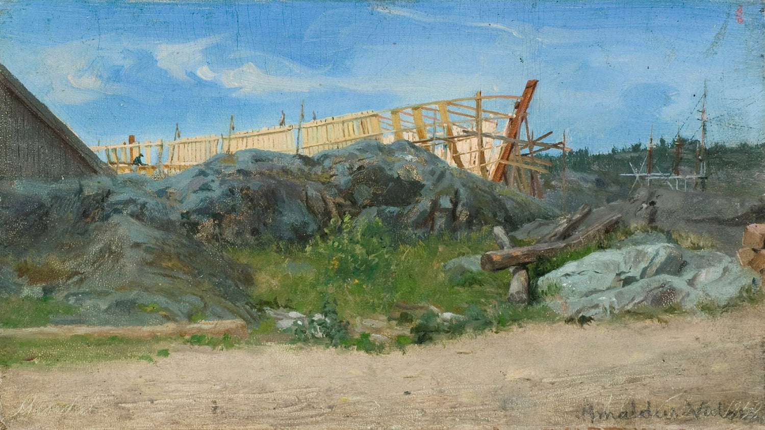 Landscape oil painting of wooden bridge construction over rocky terrain with textured brushwork on canvas. - Add Frame, Architecture, Canvas, Hand Painted, Landscape, Made To Order, Oil Painting