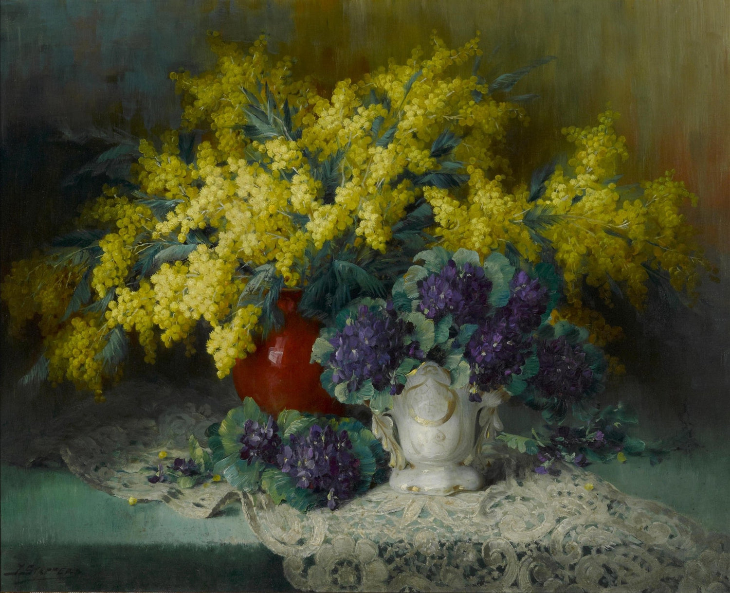 Yellow Mimosa and Violet Bouquet in Vase – Floral Oil Painting - Oil Painting Haven