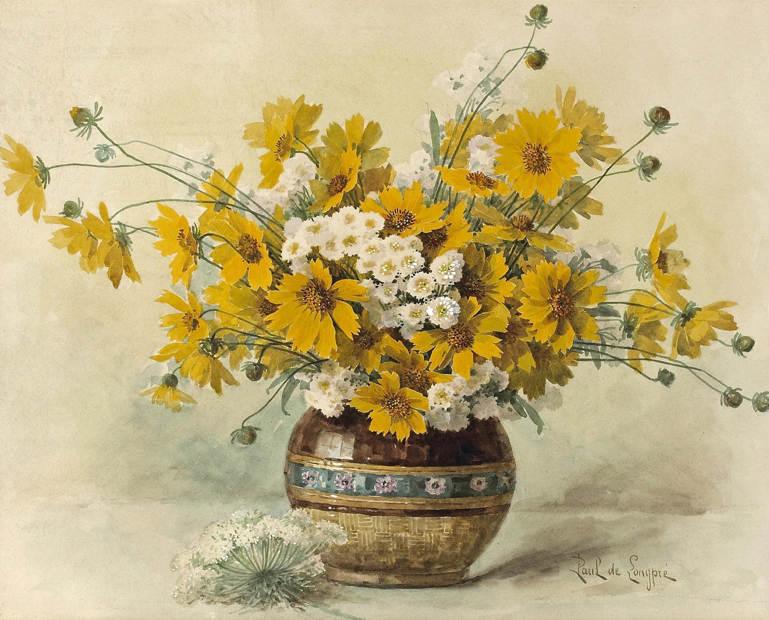 Yellow Wildflowers in Decorative Vase Still Life – Floral Oil Painting - Oil Painting Haven