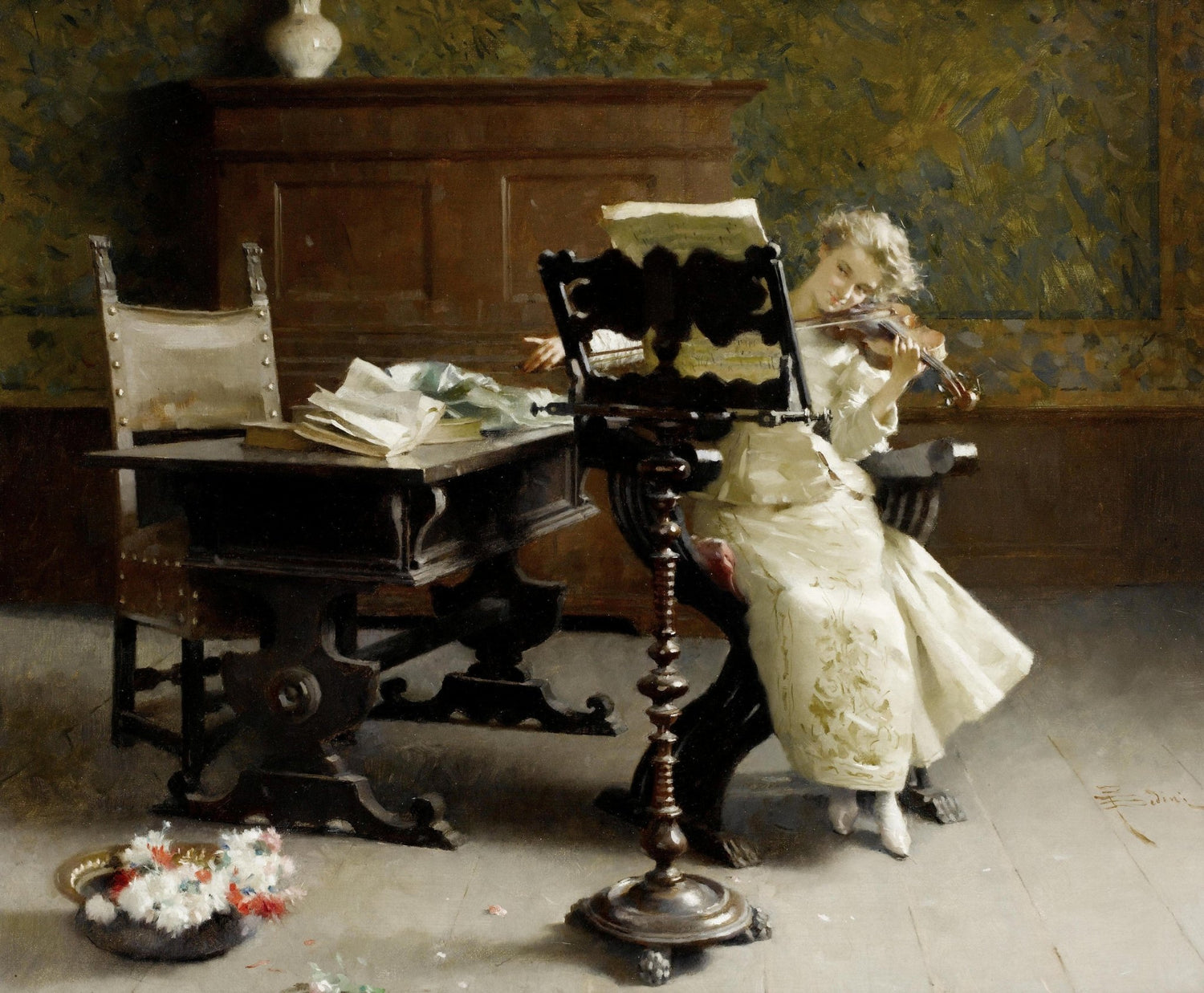 Young Woman Playing Violin in Elegant Interior - People Oil Painting - Oil Painting Haven