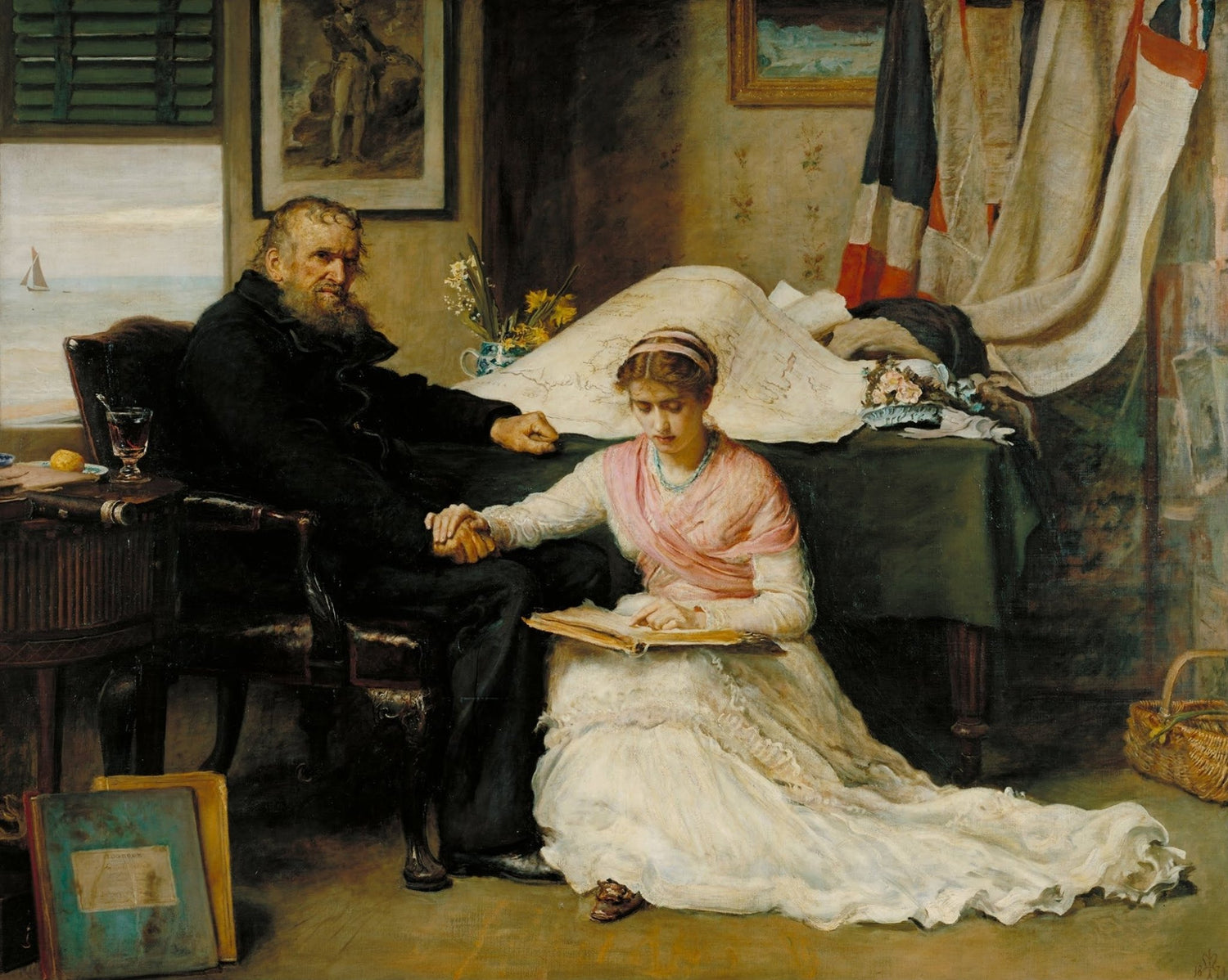 Young Woman Reading Beside an Elderly Man - People Oil Painting - Oil Painting Haven
