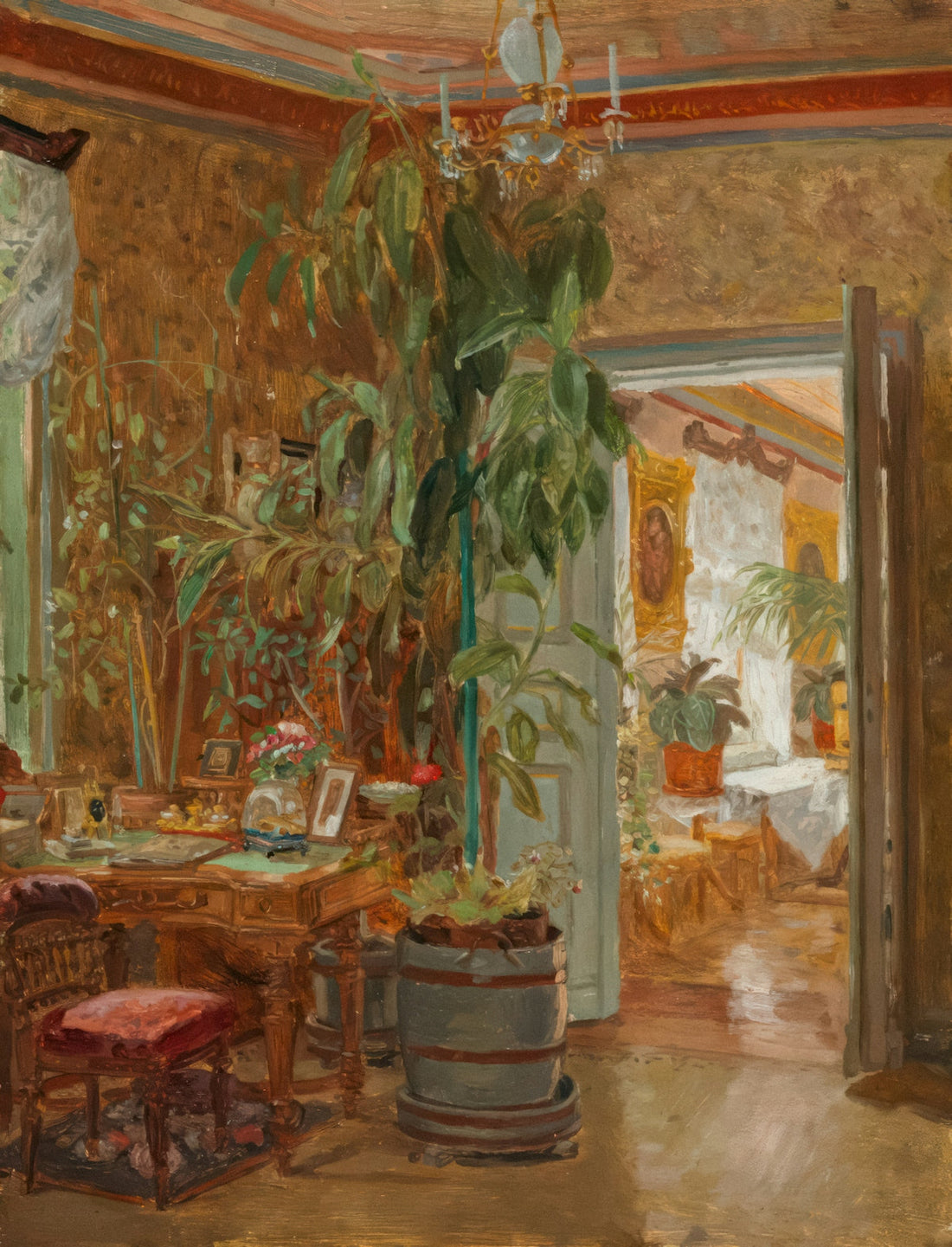 a painting of a dining room with a potted plant