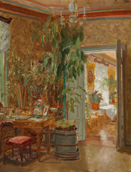 a painting of a dining room with a potted plant