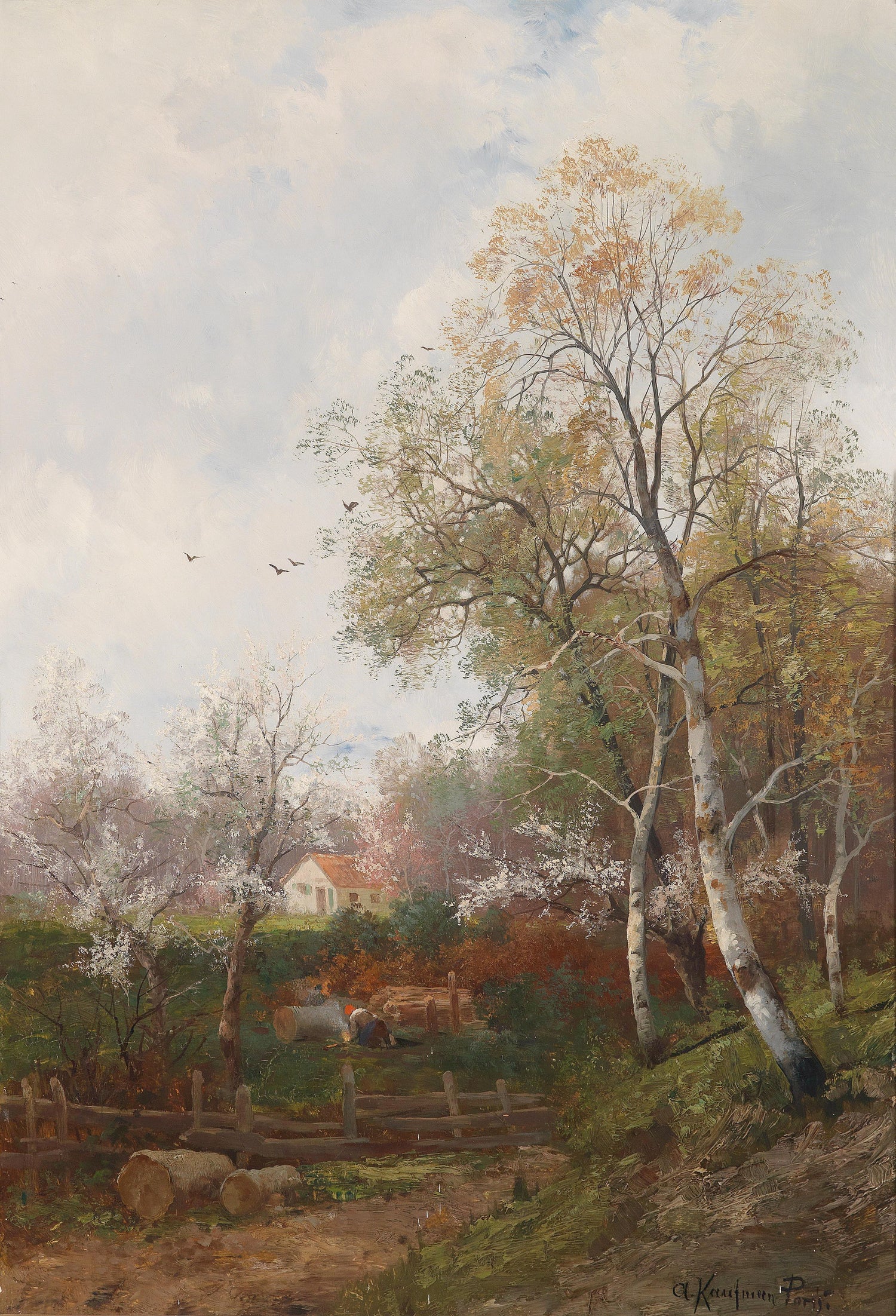 Landscape Oil Painting - Autumn Rural & Cottage, Wood Pile,Resting Figure