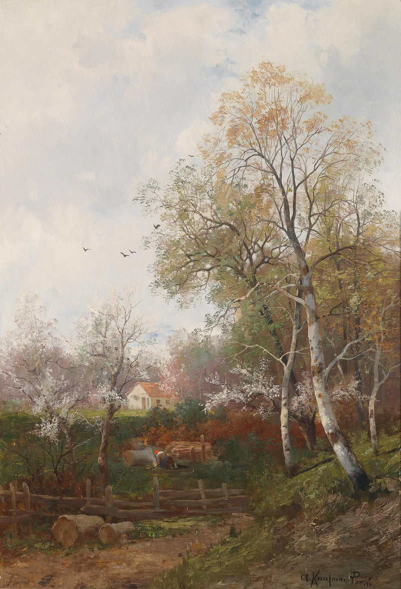 Landscape Oil Painting - Autumn Rural & Cottage, Wood Pile,Resting Figure