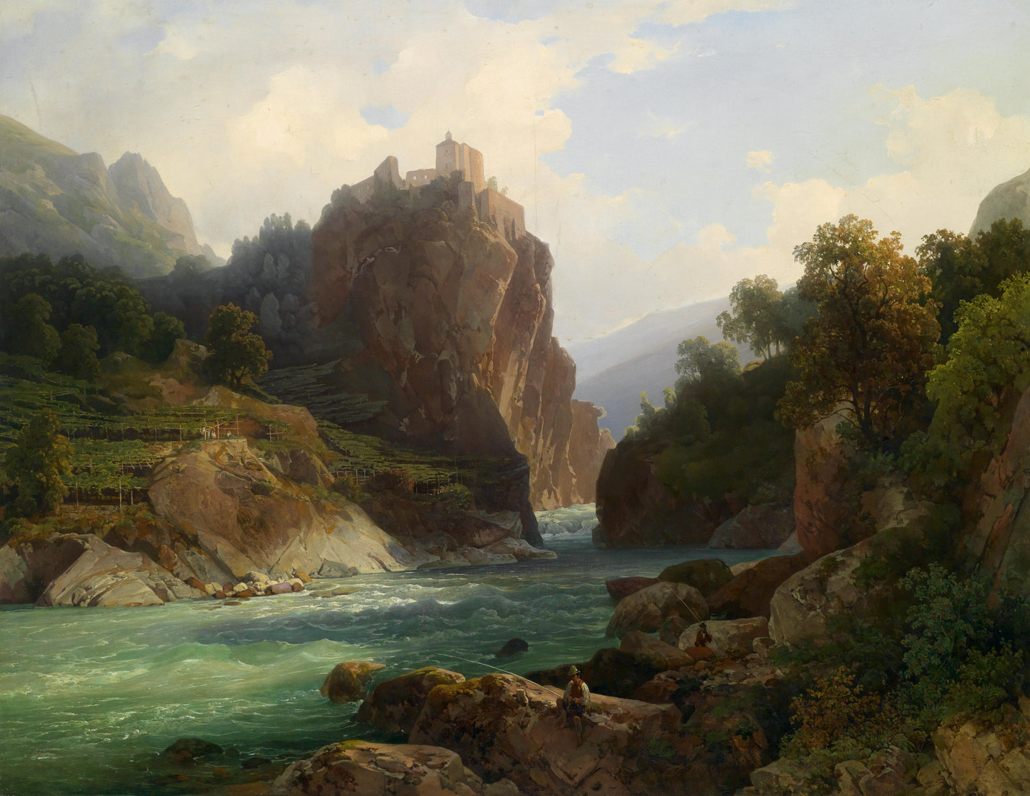 Landscape Oil Painting - Mountain Valley River & Cliff Castle, Fishing