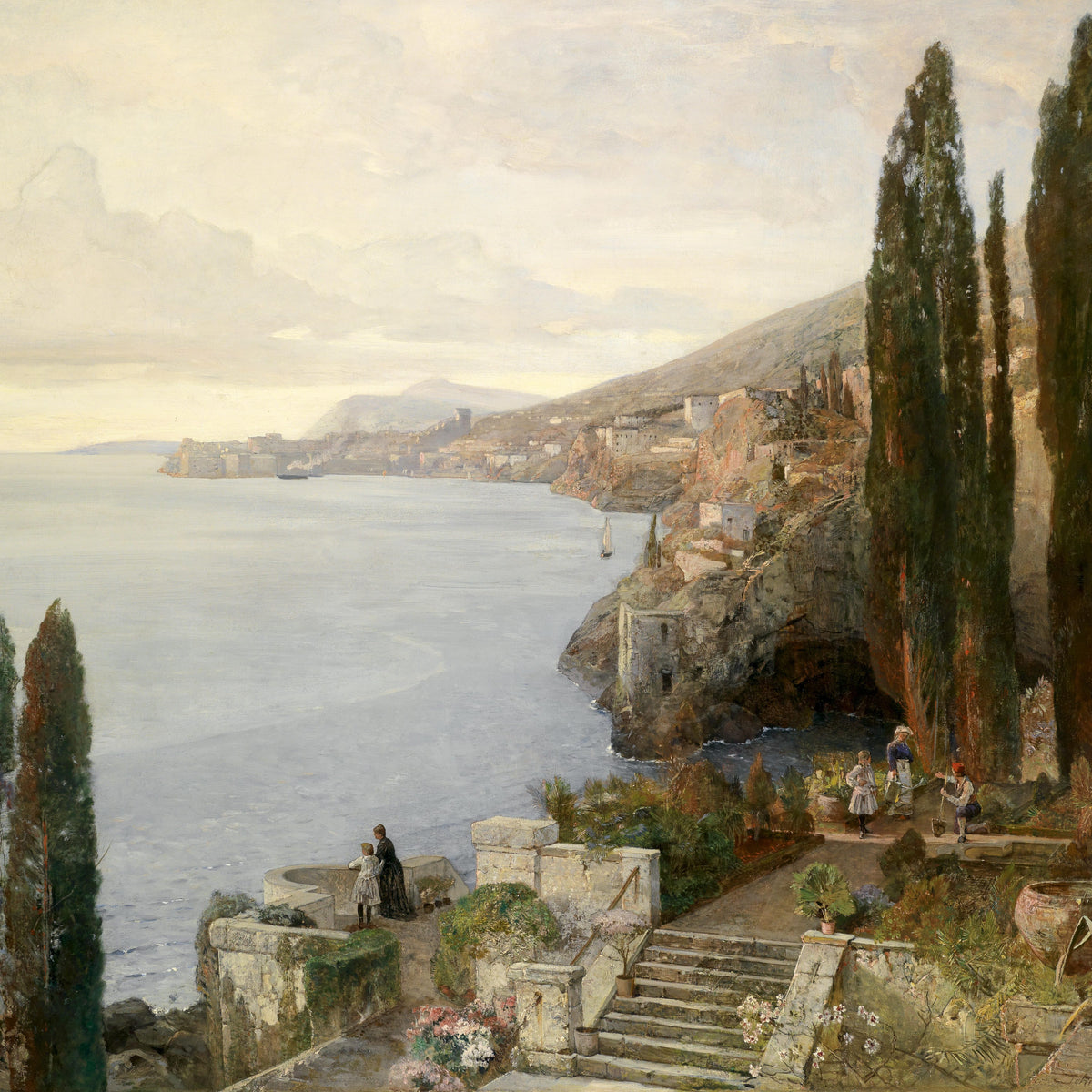 Landscape Oil Painting - Coastal Garden & Figures, Seaside Town